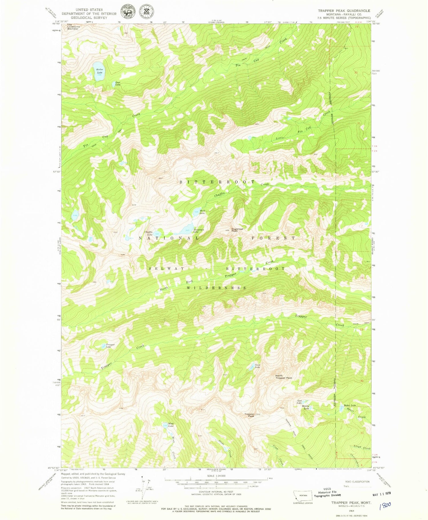 Classic USGS Trapper Peak Montana 7.5'x7.5' Topo Map Image