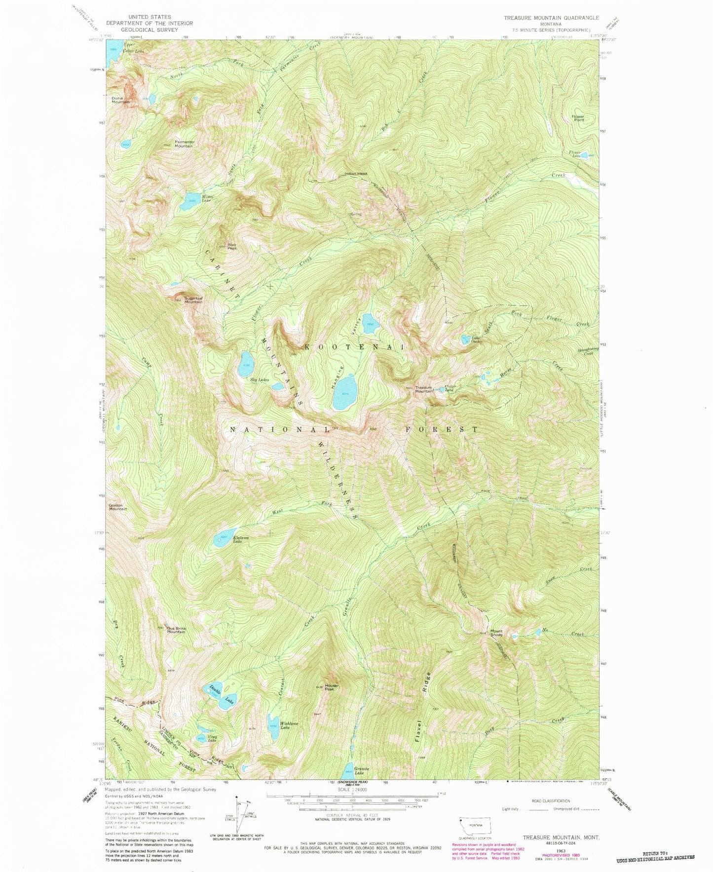 Classic USGS Treasure Mountain Montana 7.5'x7.5' Topo Map Image