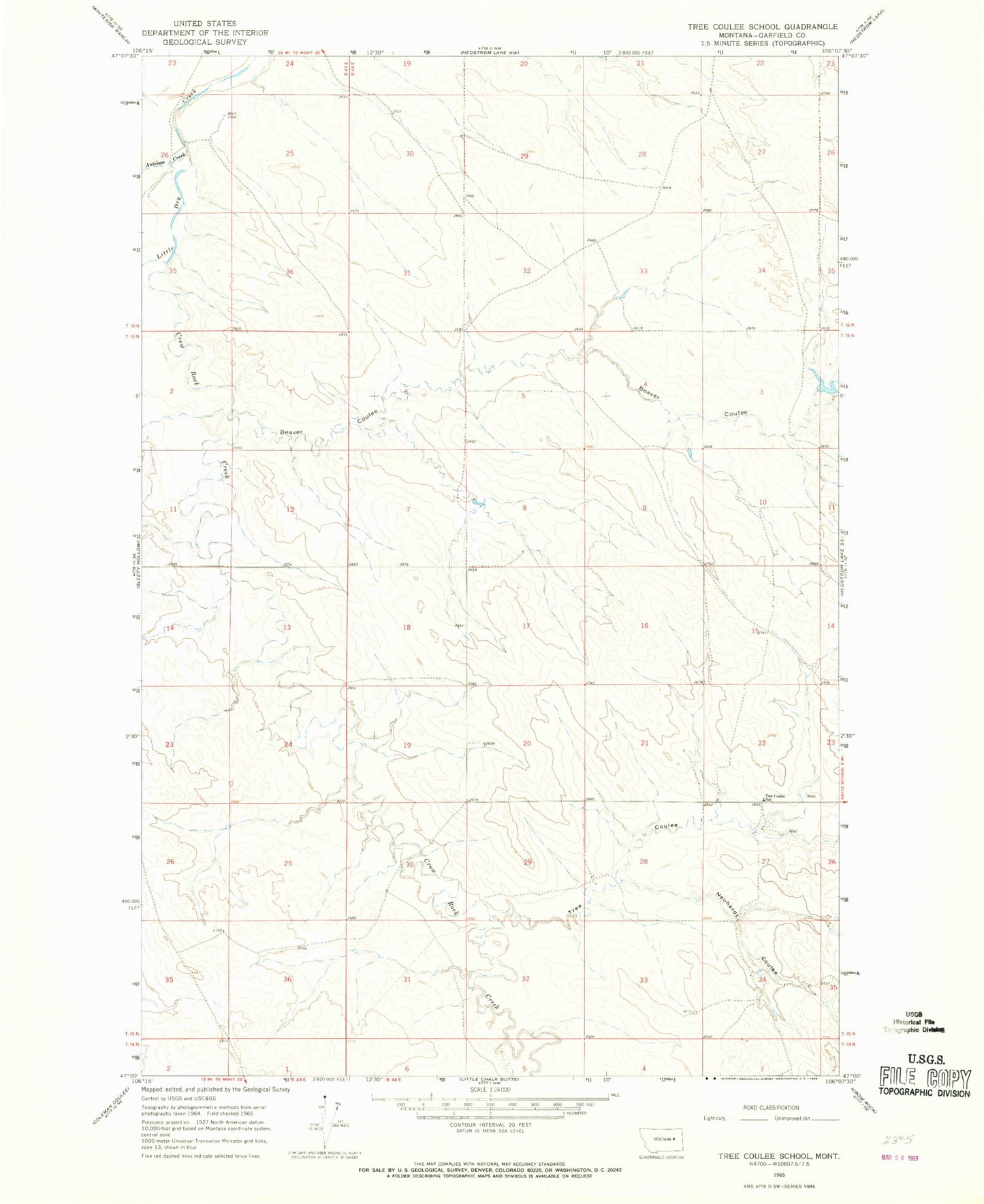 Classic USGS Tree Coulee School Montana 7.5'x7.5' Topo Map Image