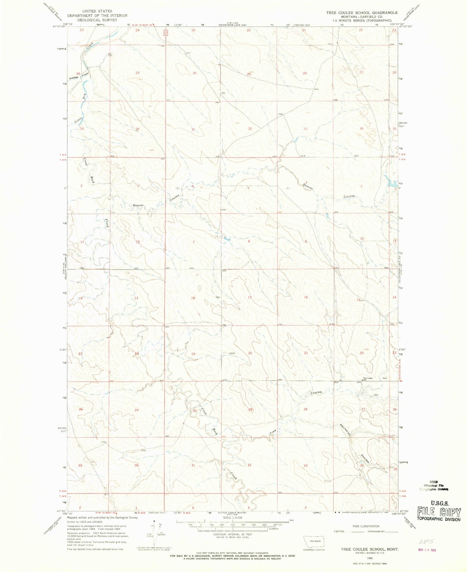 Classic USGS Tree Coulee School Montana 7.5'x7.5' Topo Map Image
