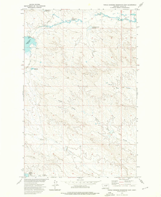 Classic USGS Triple Crossing Reservoir East Montana 7.5'x7.5' Topo Map Image