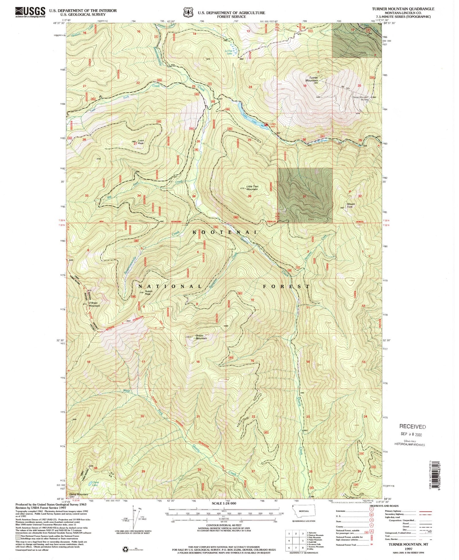 Classic USGS Turner Mountain Montana 7.5'x7.5' Topo Map Image