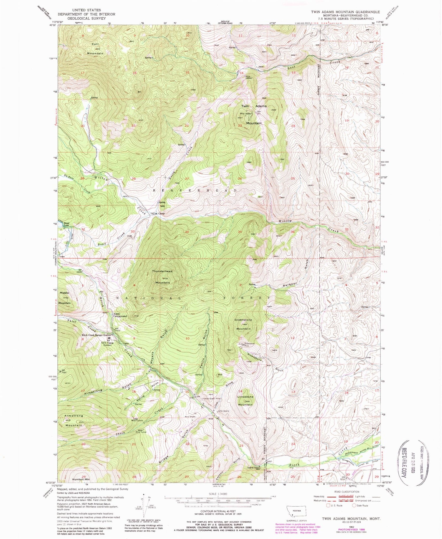 Classic USGS Twin Adams Mountain Montana 7.5'x7.5' Topo Map Image