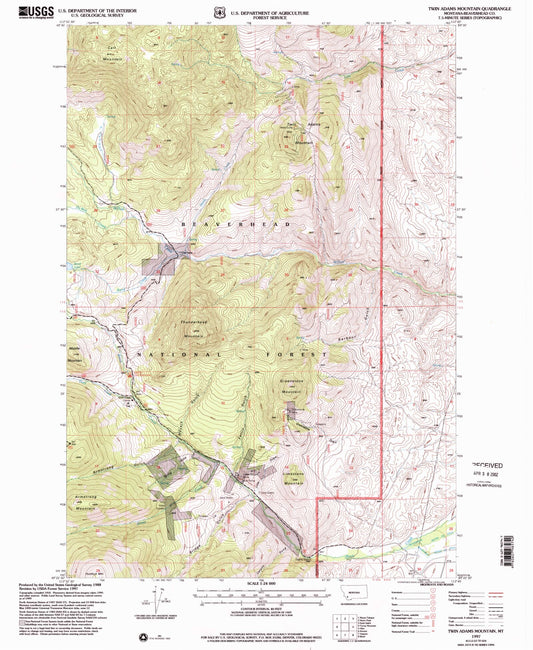 Classic USGS Twin Adams Mountain Montana 7.5'x7.5' Topo Map Image