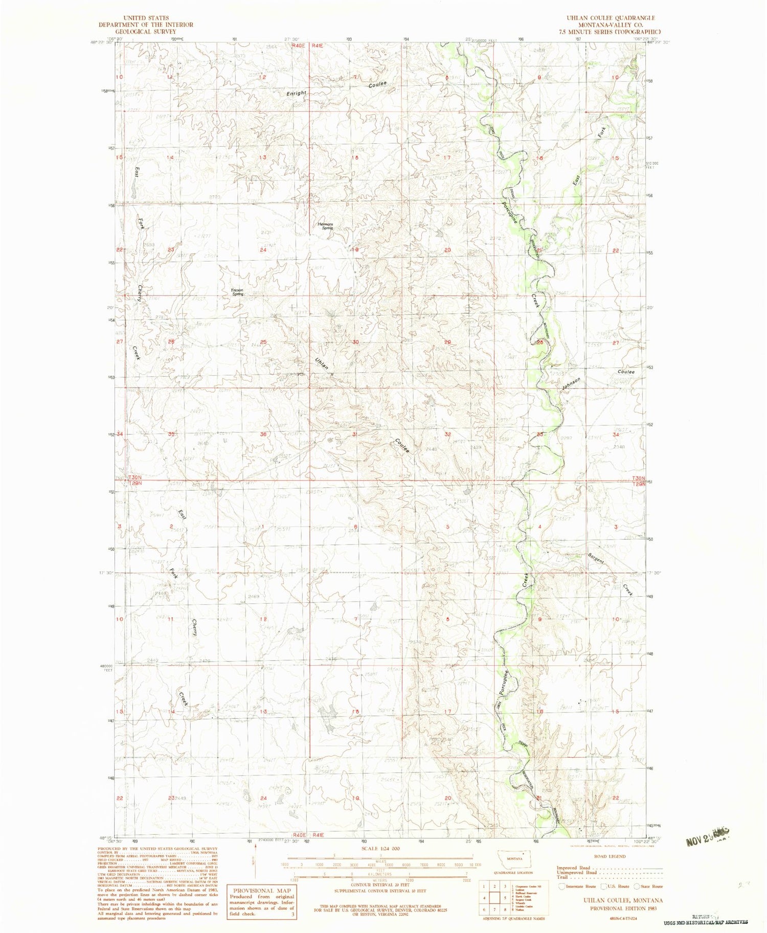 Classic USGS Uhlan Coulee Montana 7.5'x7.5' Topo Map Image