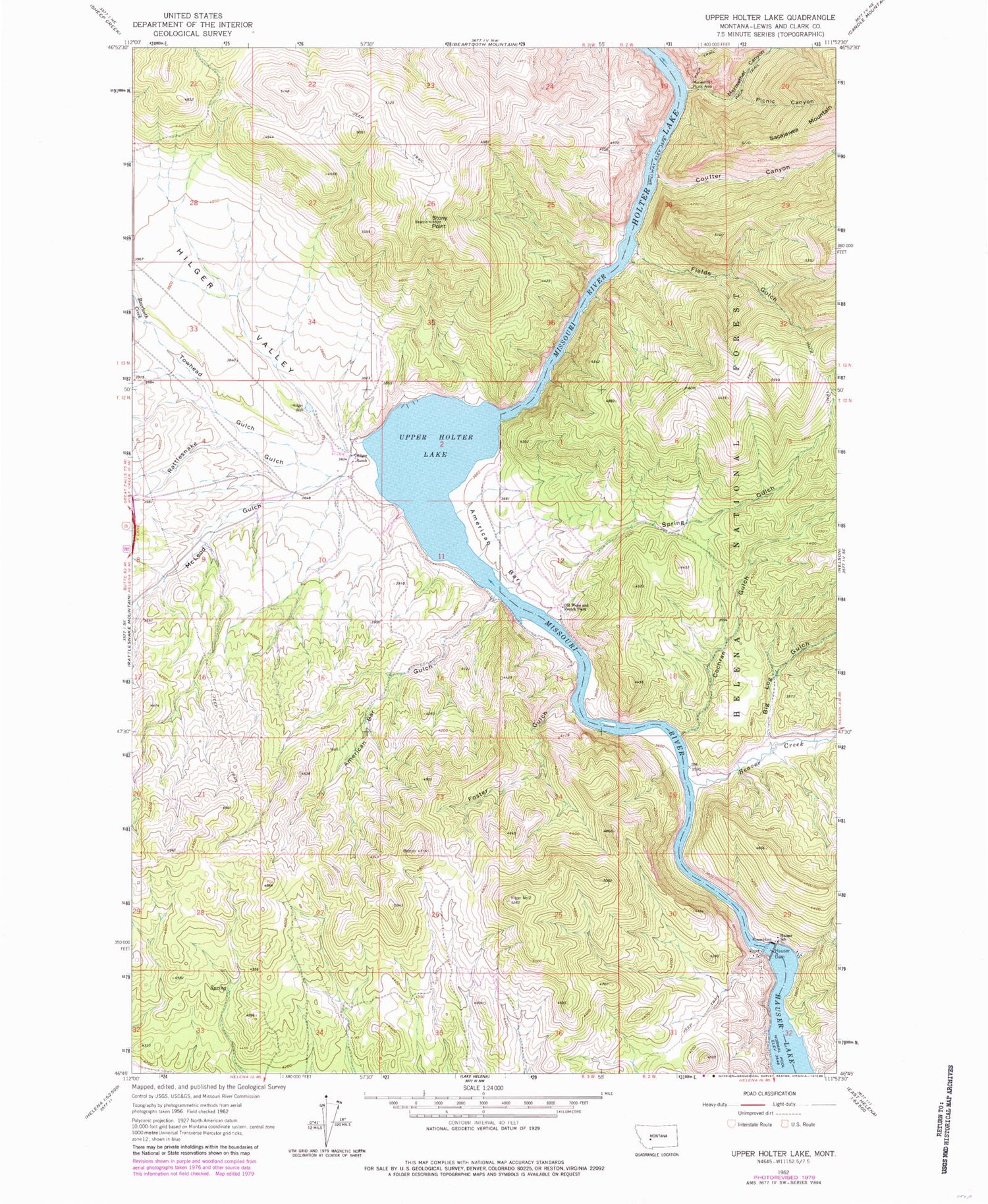 Classic USGS Upper Holter Lake Montana 7.5'x7.5' Topo Map Image