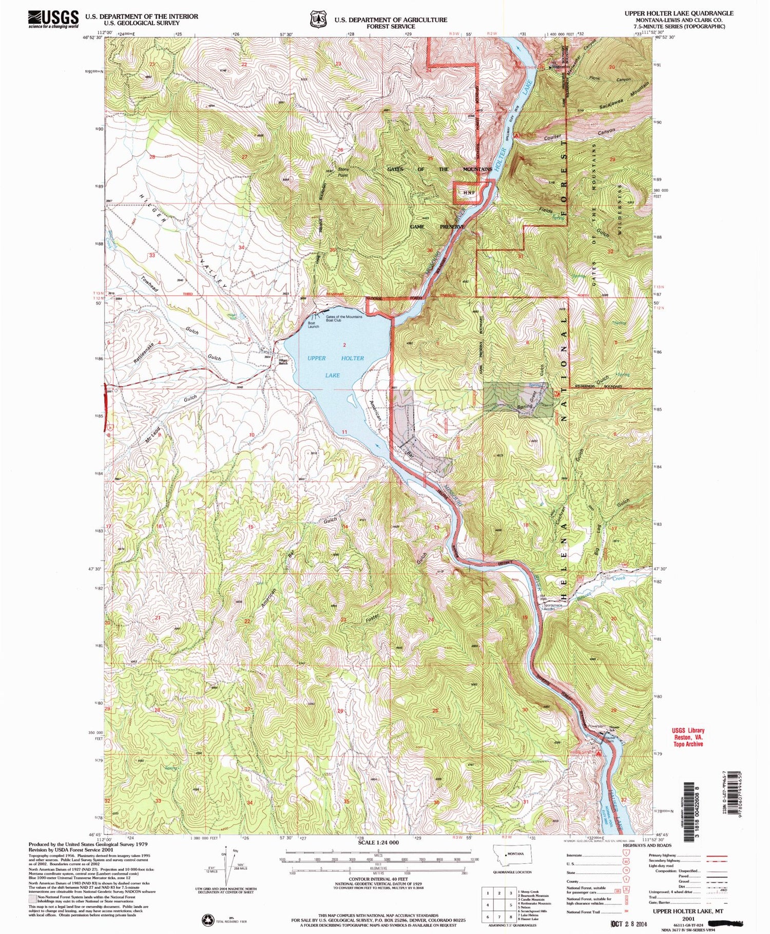 Classic USGS Upper Holter Lake Montana 7.5'x7.5' Topo Map Image
