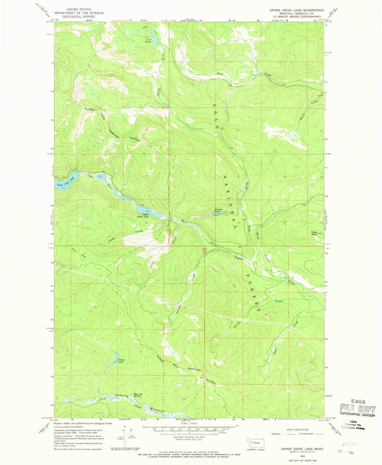 Classic USGS Upper Jocko Lake Montana 7.5'x7.5' Topo Map Image