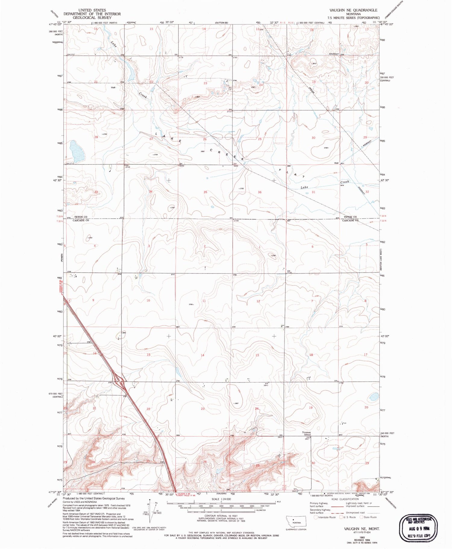 Classic USGS Vaughn NE Montana 7.5'x7.5' Topo Map Image