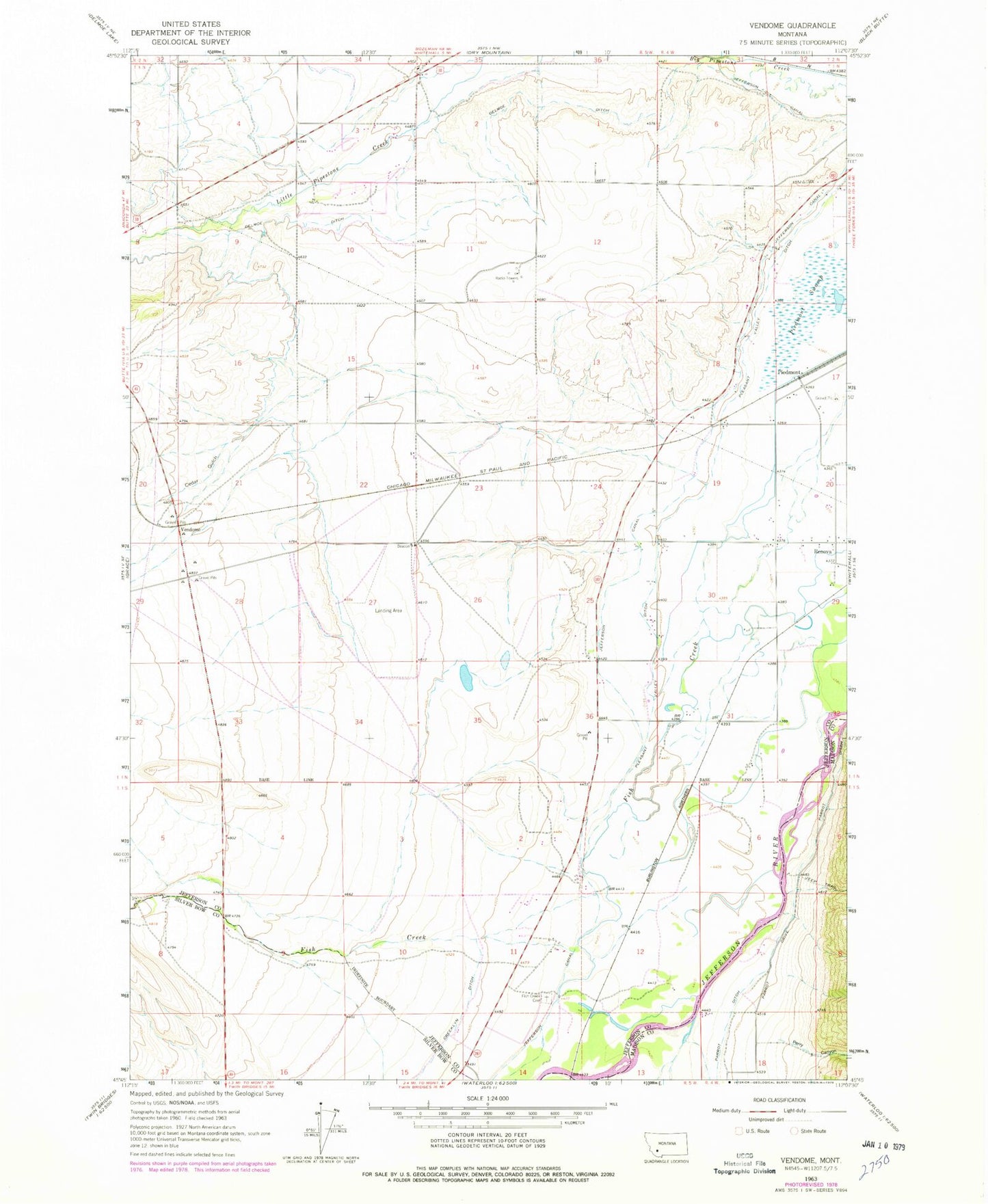 Classic USGS Vendome Montana 7.5'x7.5' Topo Map Image