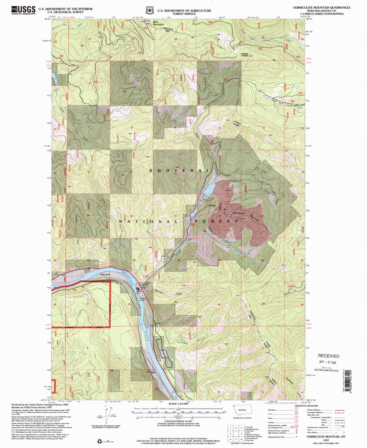 Classic USGS Vermiculite Mountain Montana 7.5'x7.5' Topo Map Image