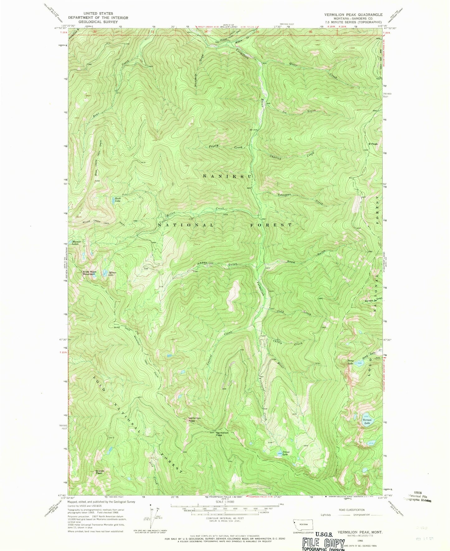 Classic USGS Vermilion Peak Montana 7.5'x7.5' Topo Map Image