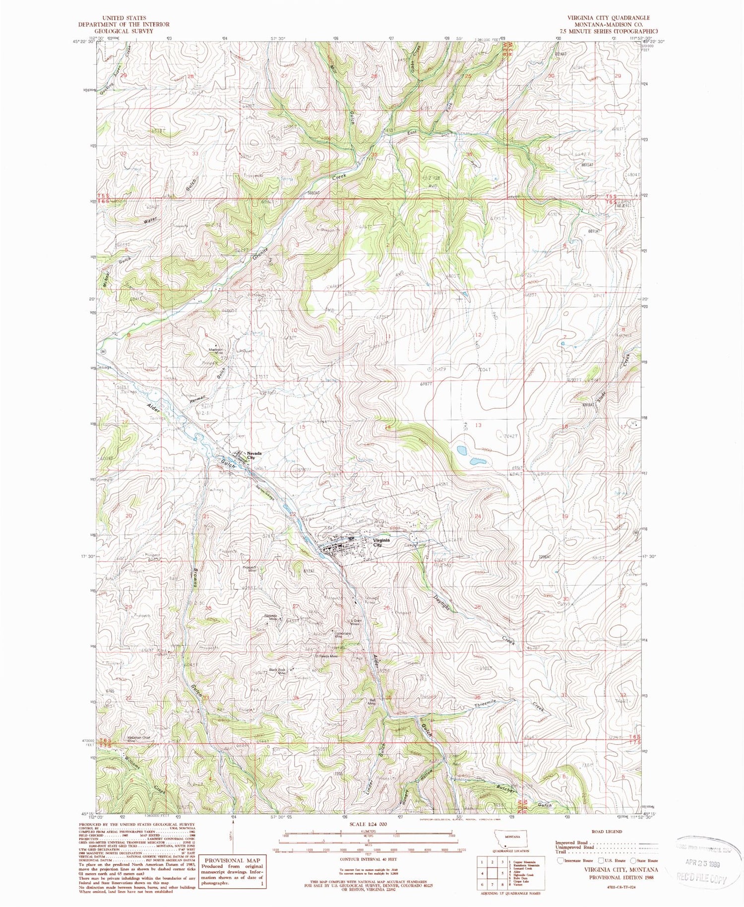 Classic USGS Virginia City Montana 7.5'x7.5' Topo Map Image