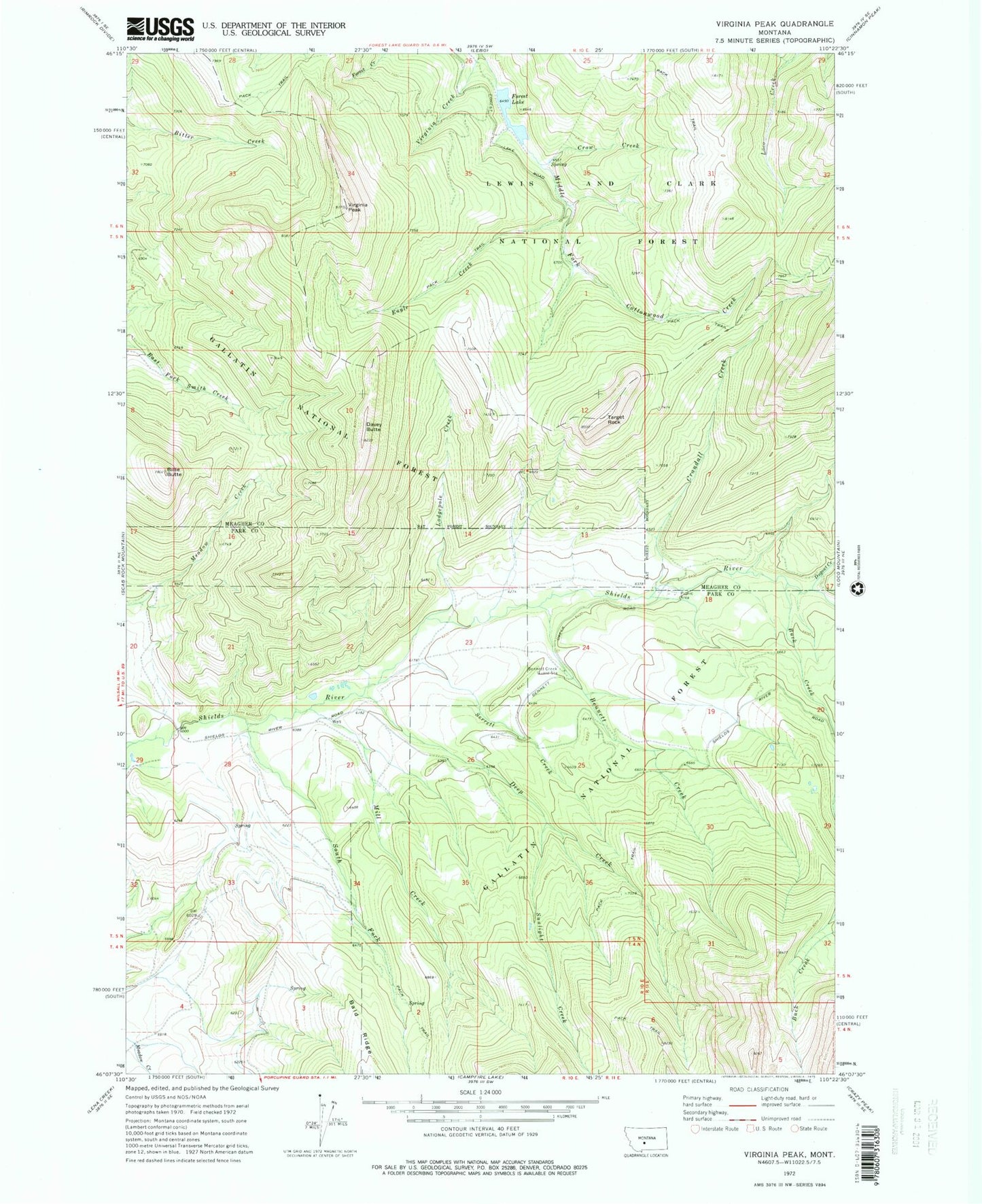 Classic USGS Virginia Peak Montana 7.5'x7.5' Topo Map Image