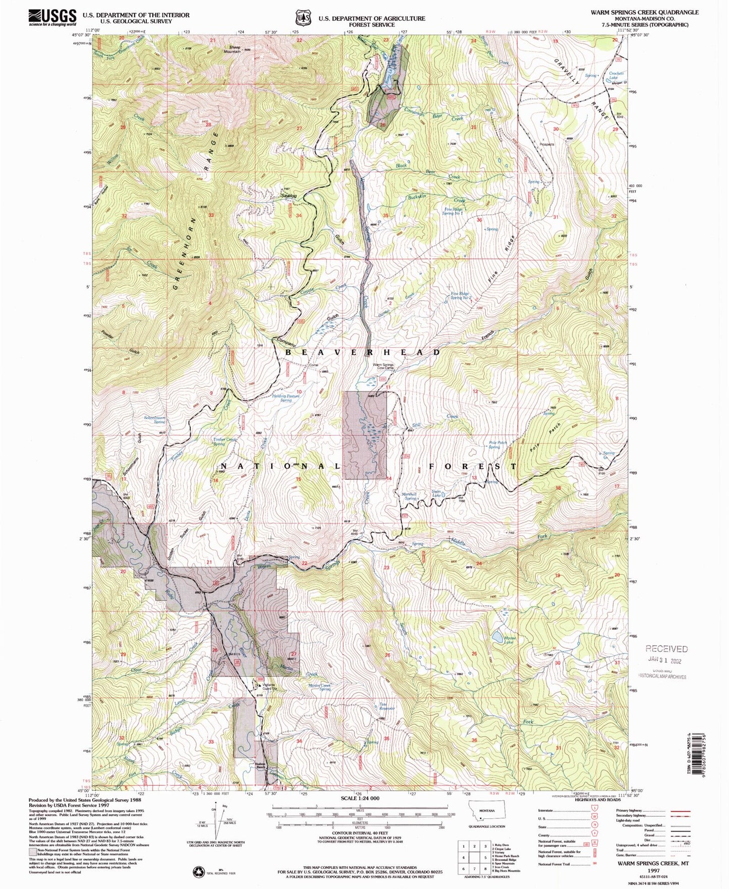 Classic USGS Warm Springs Creek Montana 7.5'x7.5' Topo Map Image