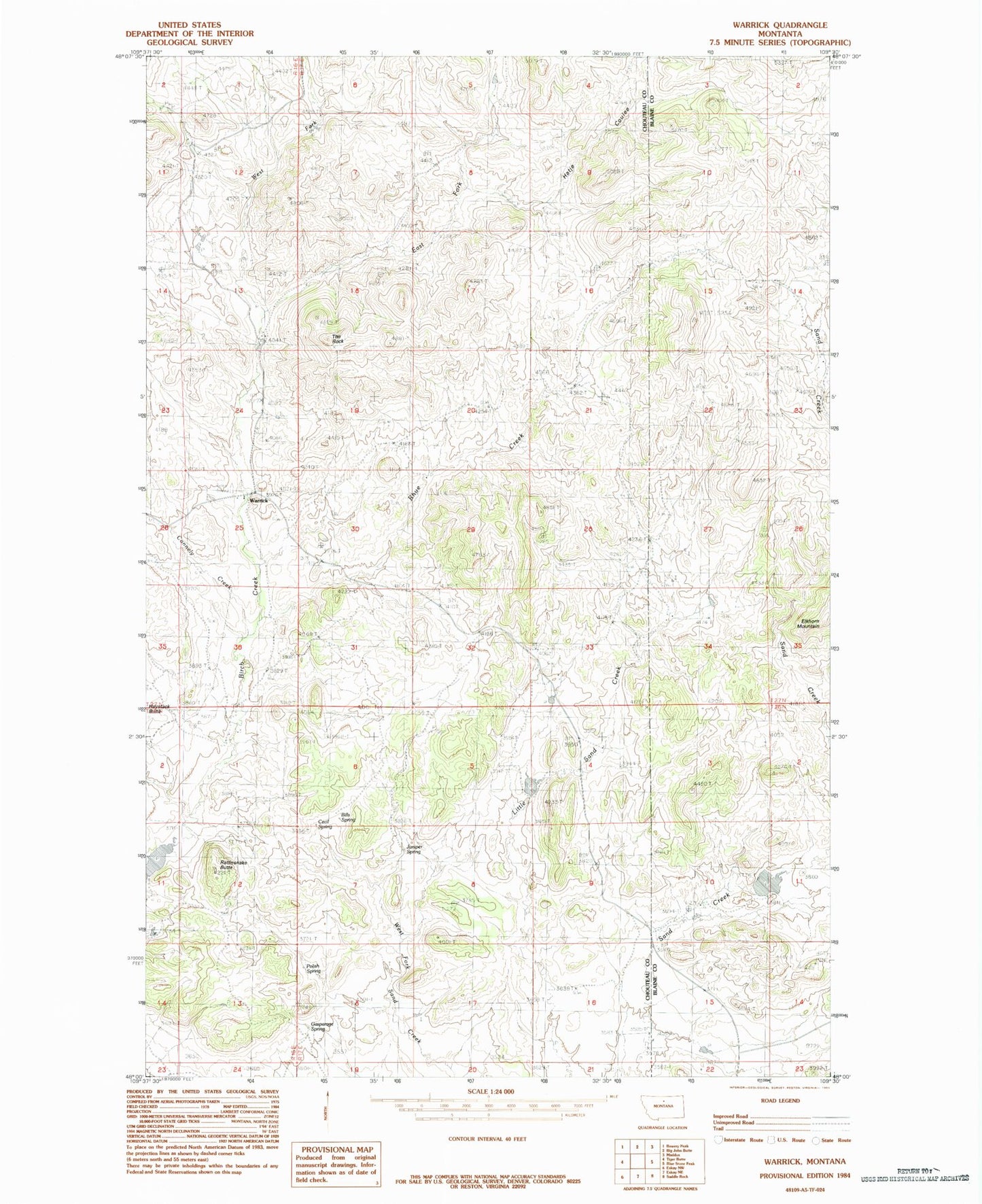 Classic USGS Warrick Montana 7.5'x7.5' Topo Map Image