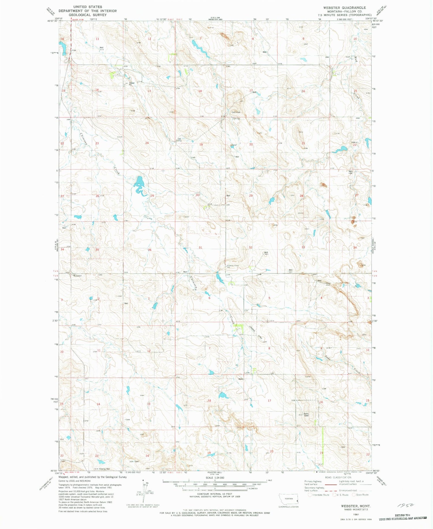 Classic USGS Webster Montana 7.5'x7.5' Topo Map Image