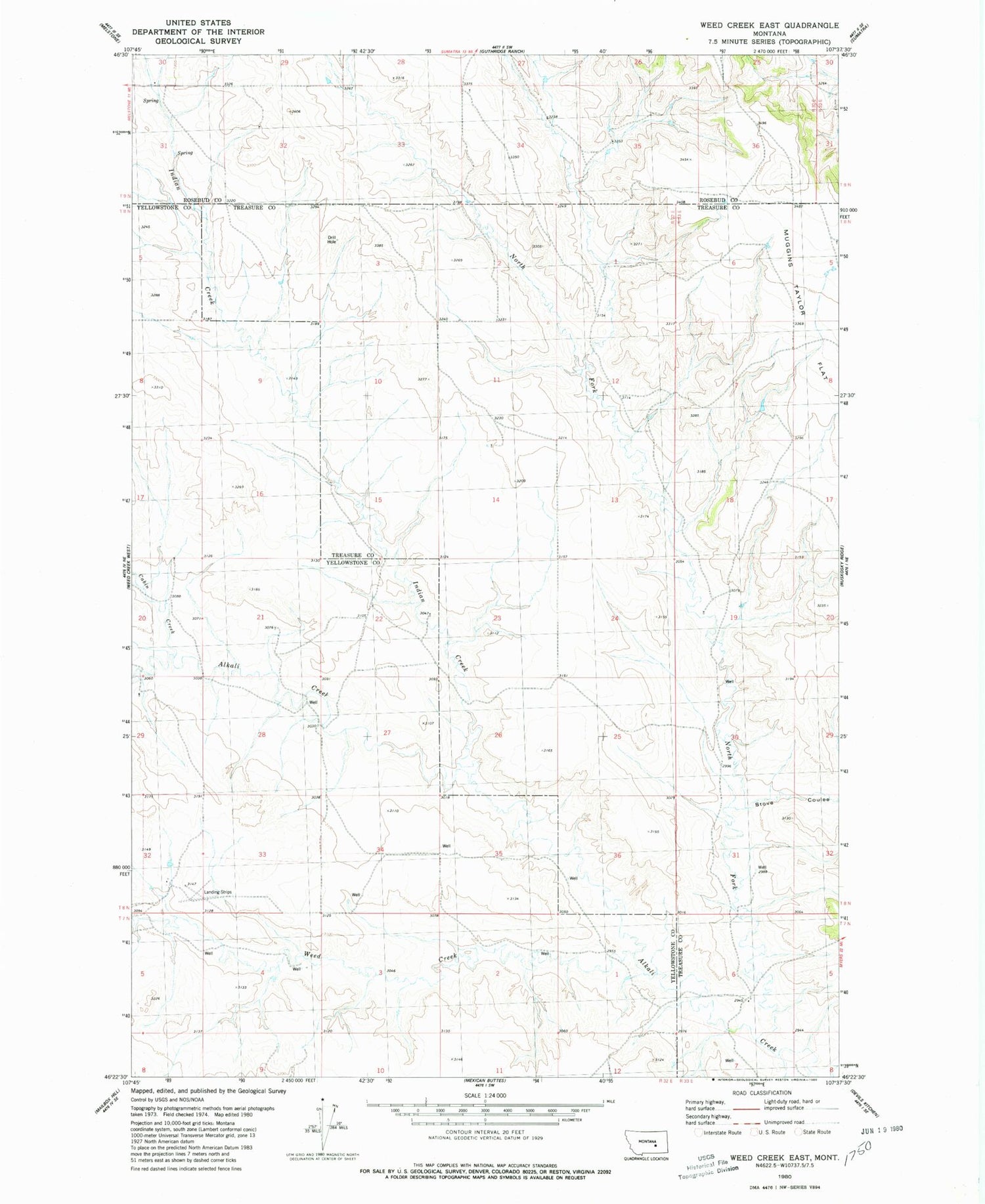 Classic USGS Weed Creek East Montana 7.5'x7.5' Topo Map Image