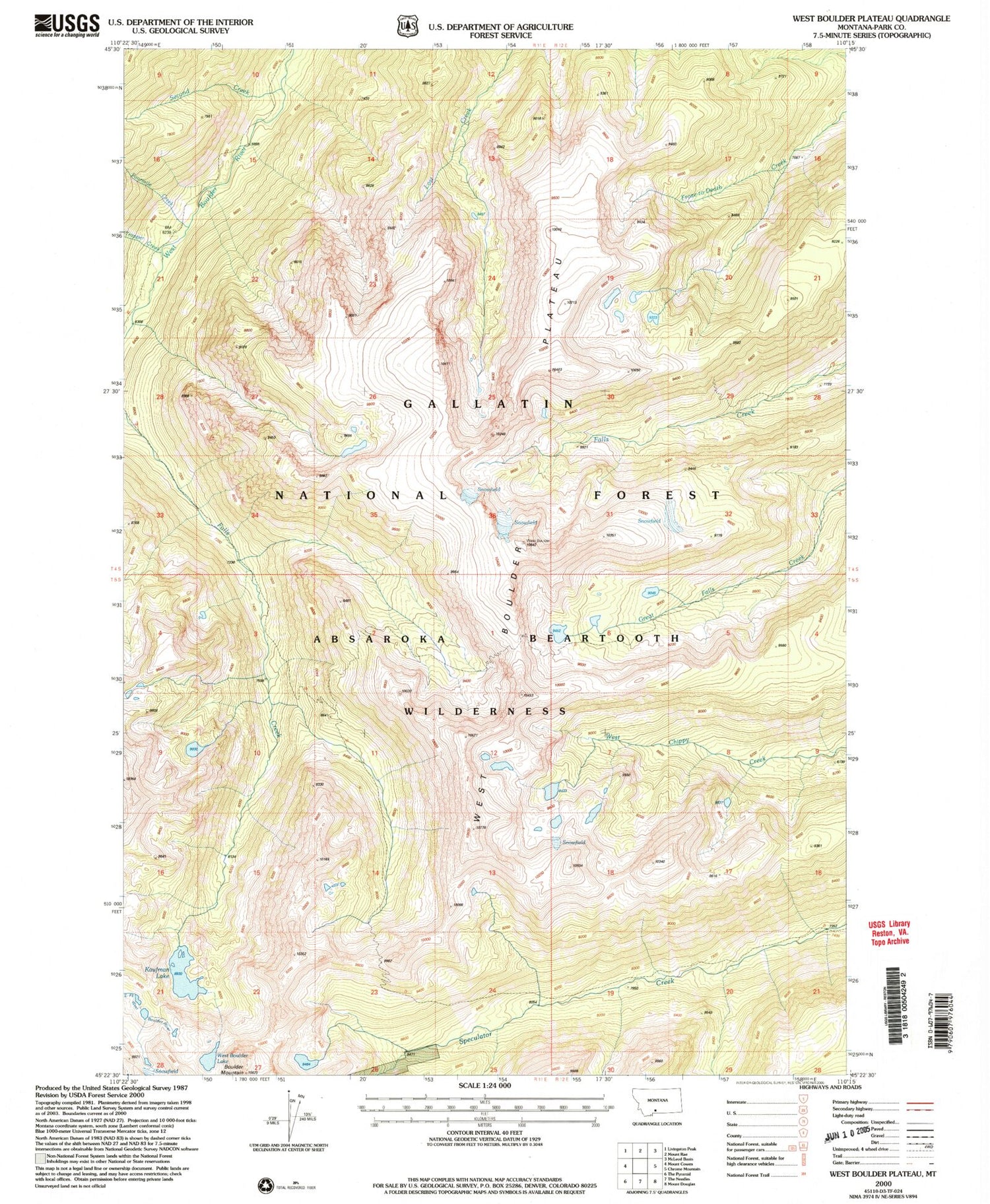Classic USGS West Boulder Plateau Montana 7.5'x7.5' Topo Map Image