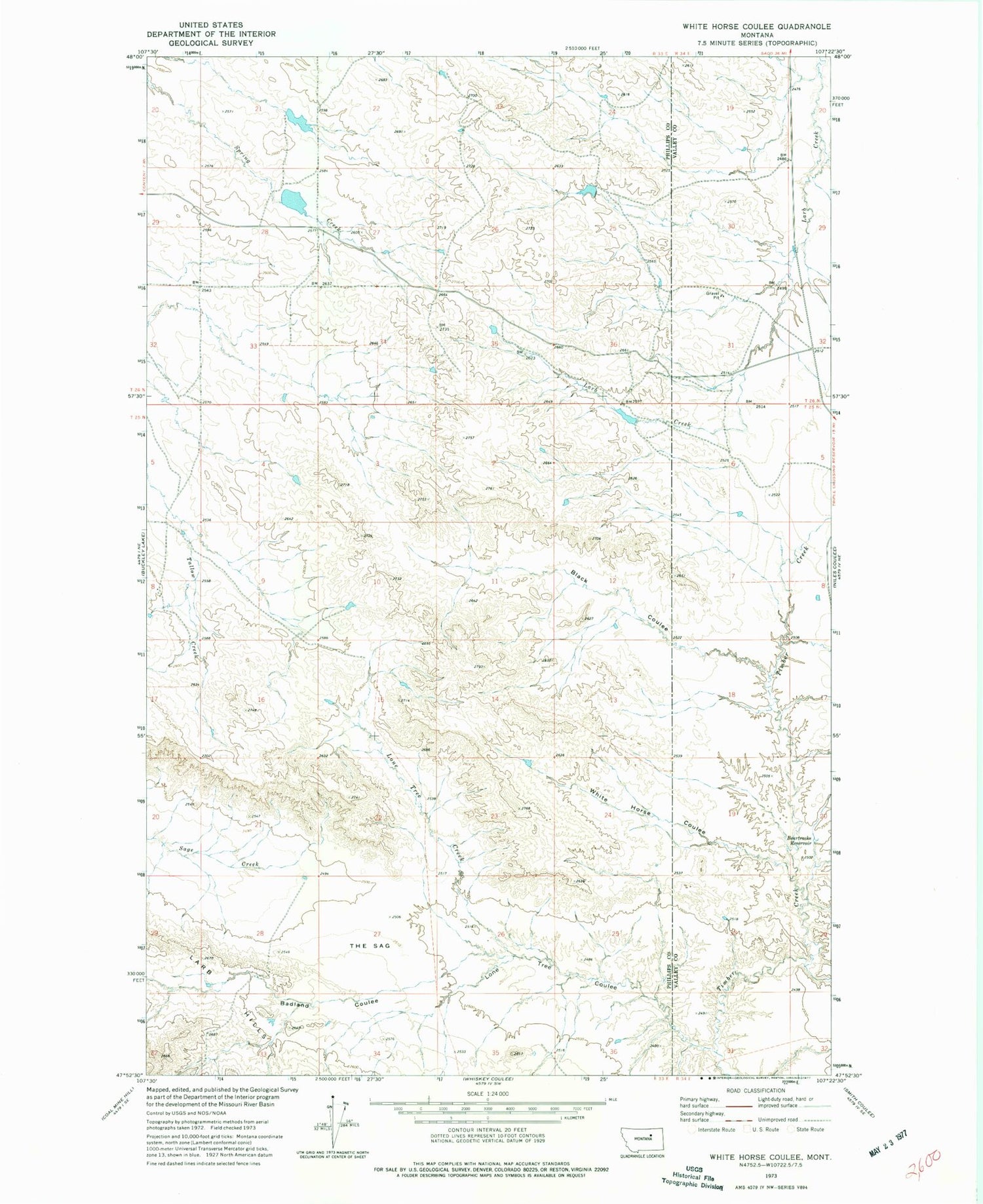 Classic USGS White Horse Coulee Montana 7.5'x7.5' Topo Map Image