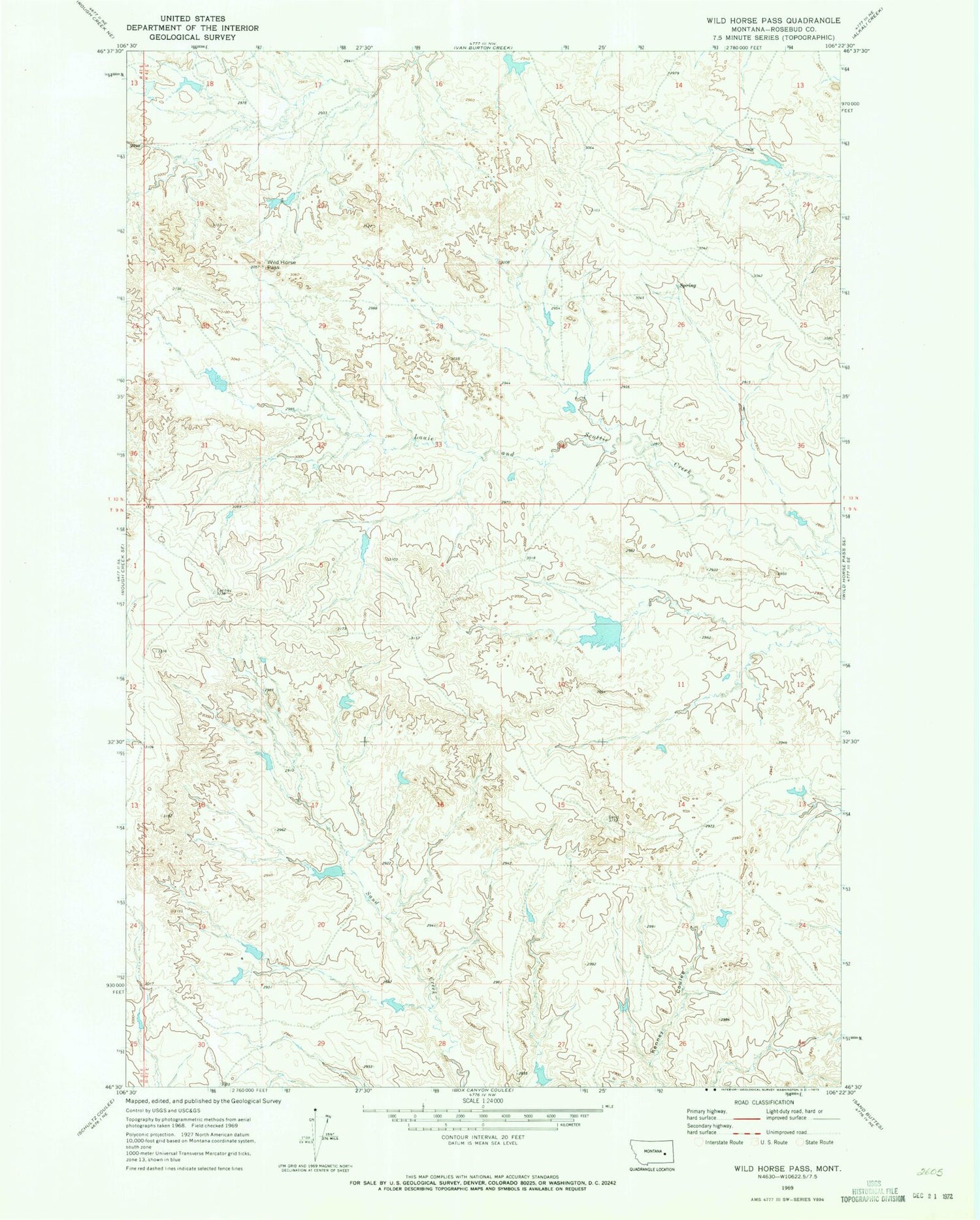Classic USGS Wild Horse Pass Montana 7.5'x7.5' Topo Map Image