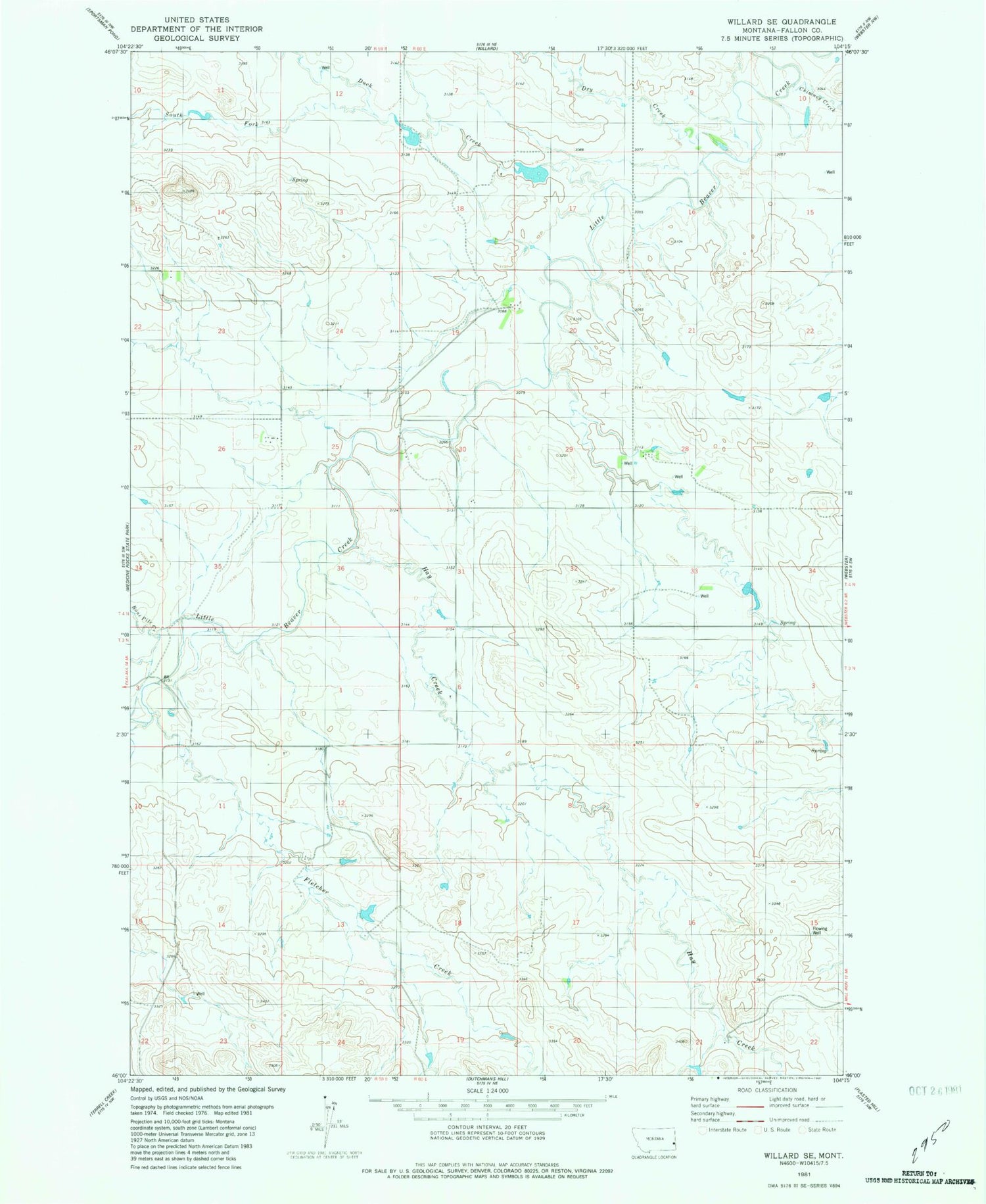 Classic USGS Willard SE Montana 7.5'x7.5' Topo Map Image
