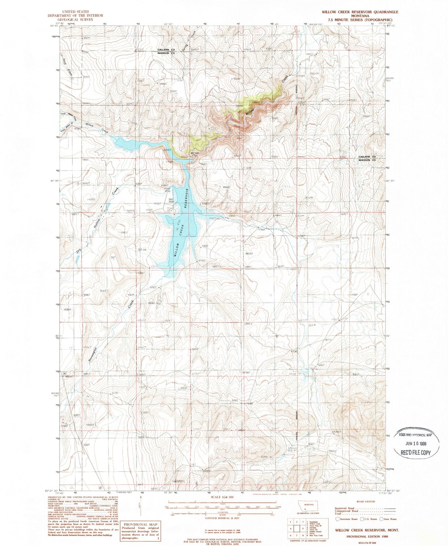 Classic USGS Willow Creek Reservoir Montana 7.5'x7.5' Topo Map Image