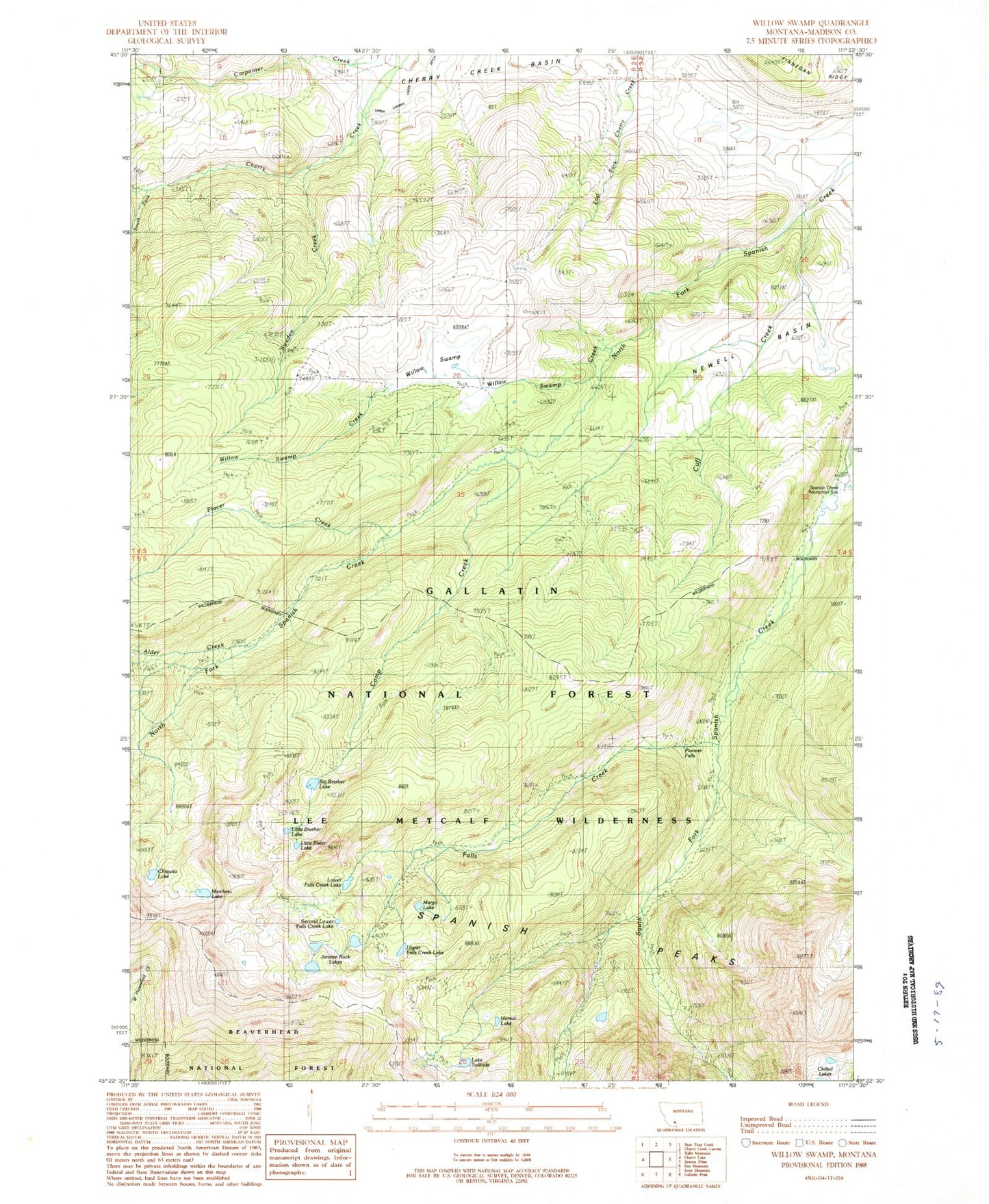 Classic USGS Willow Swamp Montana 7.5'x7.5' Topo Map Image