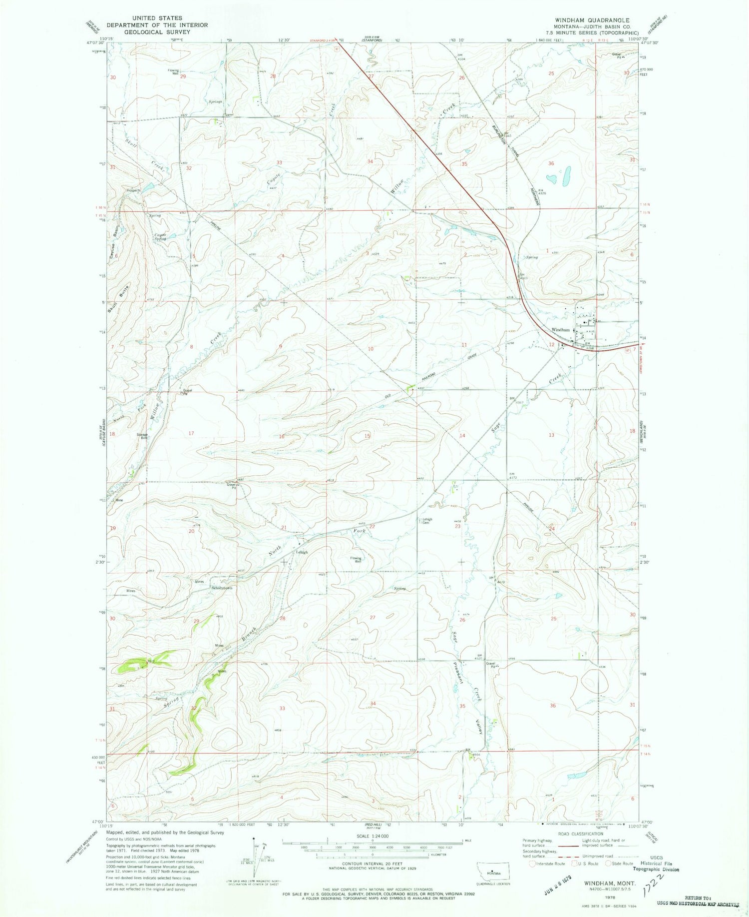 Classic USGS Windham Montana 7.5'x7.5' Topo Map Image