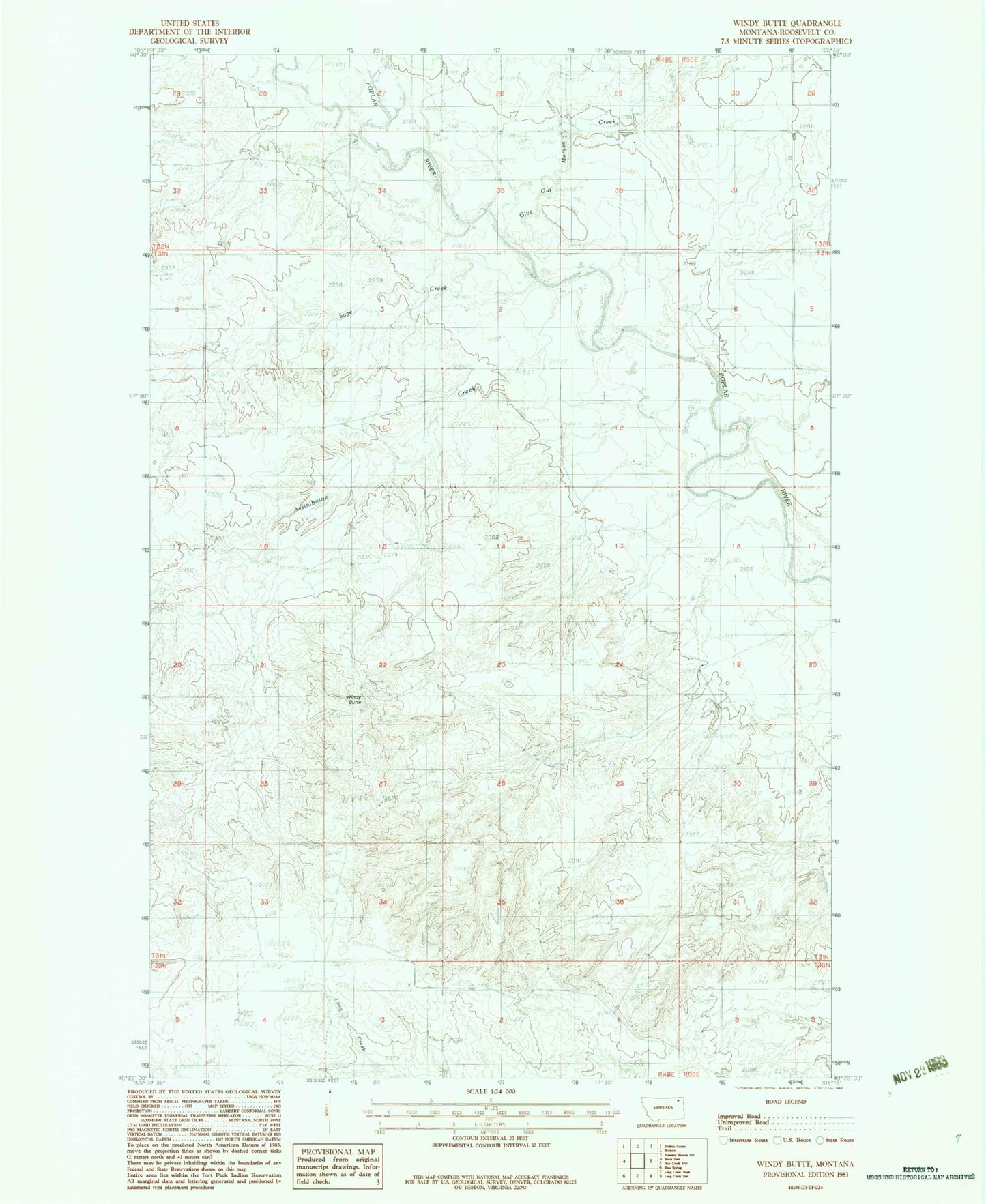 Classic USGS Windy Butte Montana 7.5'x7.5' Topo Map Image