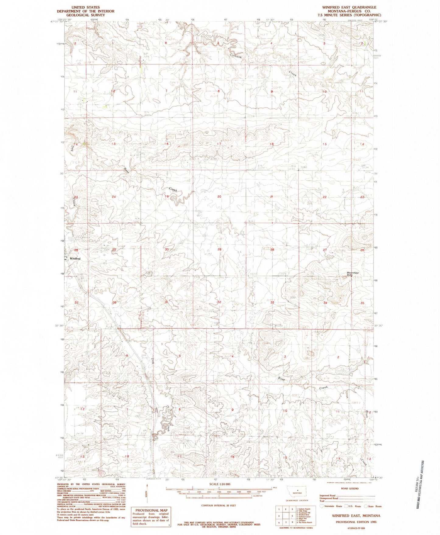 Classic USGS Winifred East Montana 7.5'x7.5' Topo Map Image