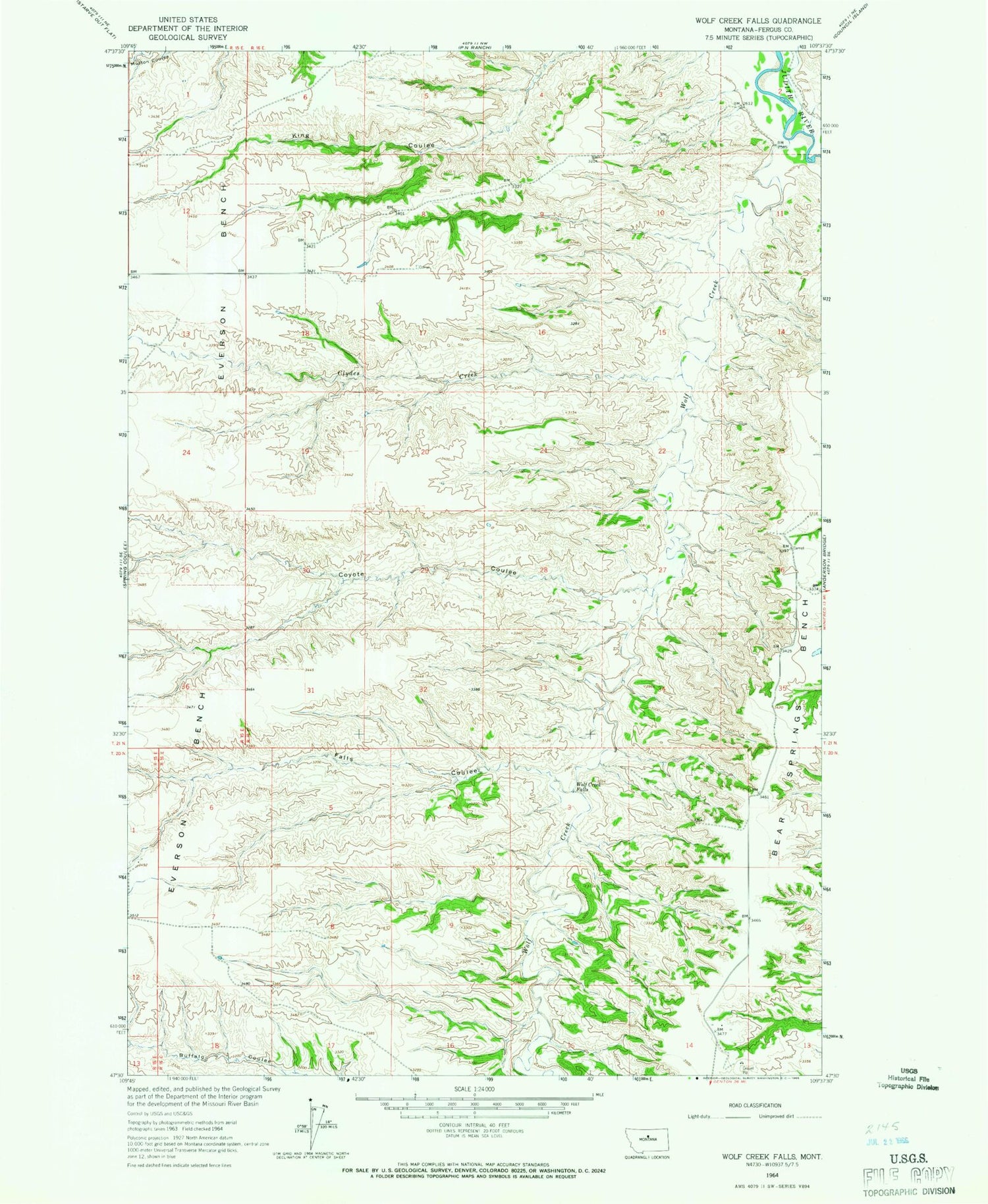 Classic USGS Wolf Creek Falls Montana 7.5'x7.5' Topo Map Image
