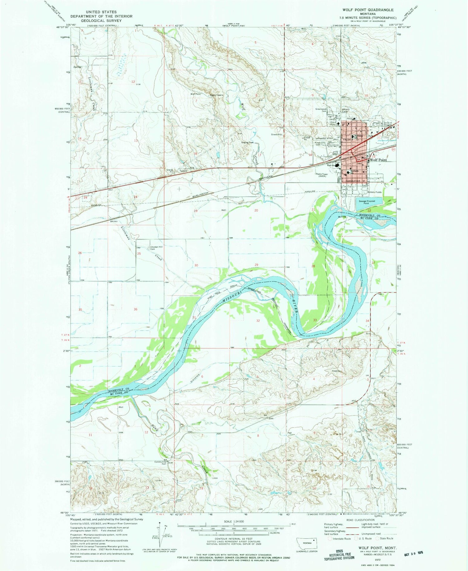Classic USGS Wolf Point Montana 7.5'x7.5' Topo Map Image