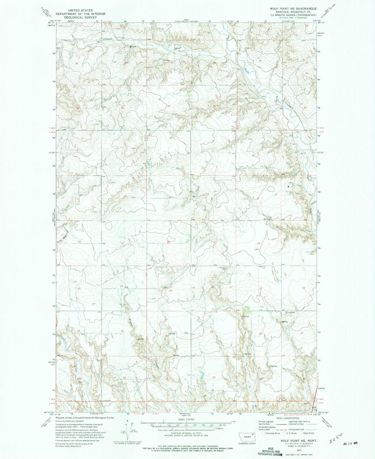 Classic USGS Wolf Point NE Montana 7.5'x7.5' Topo Map Image
