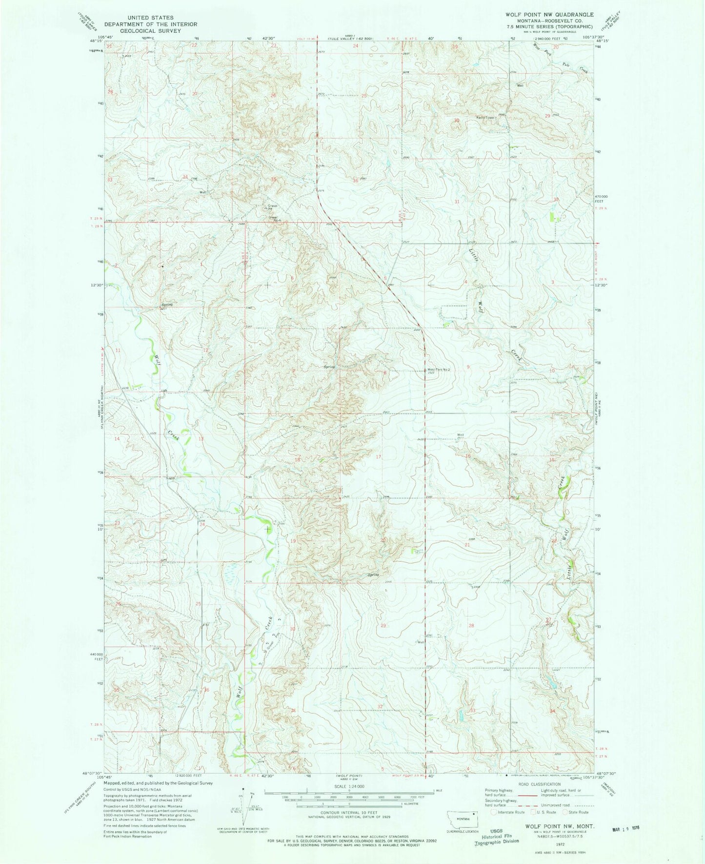 Classic USGS Wolf Point NW Montana 7.5'x7.5' Topo Map Image