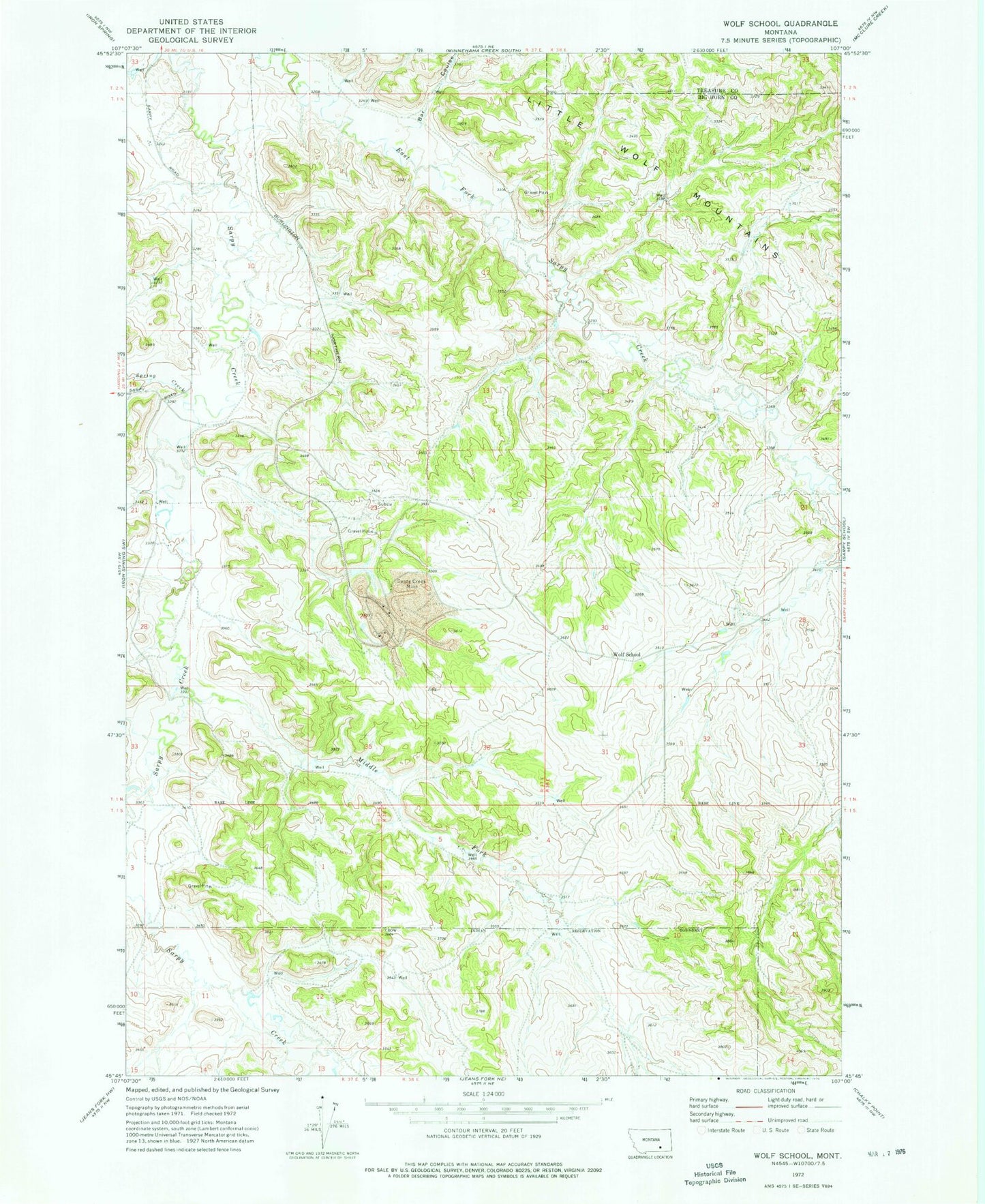 Classic USGS Wolf School Montana 7.5'x7.5' Topo Map Image