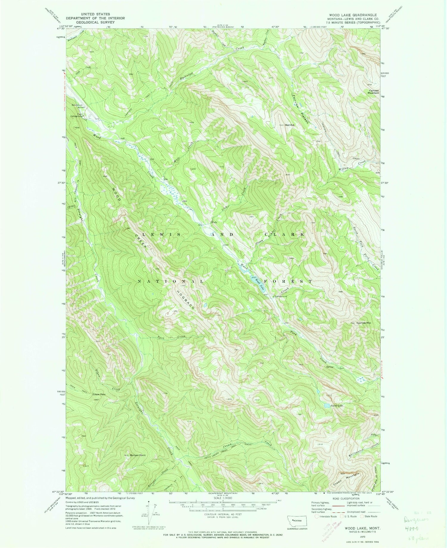 Classic USGS Wood Lake Montana 7.5'x7.5' Topo Map Image