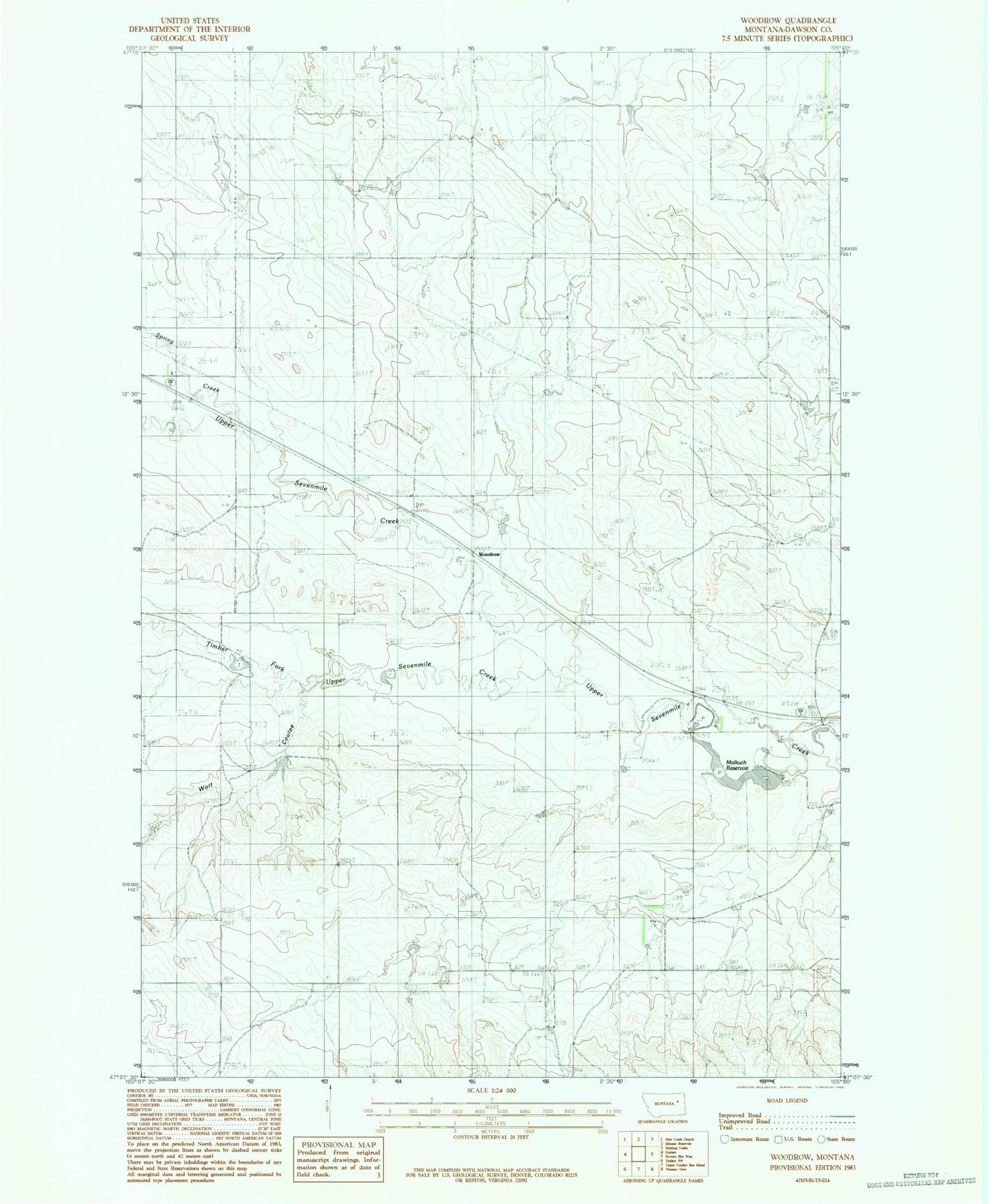 Classic USGS Woodrow Montana 7.5'x7.5' Topo Map Image