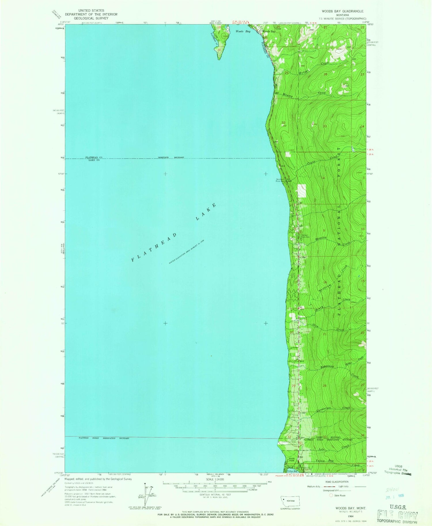 Classic USGS Woods Bay Montana 7.5'x7.5' Topo Map Image