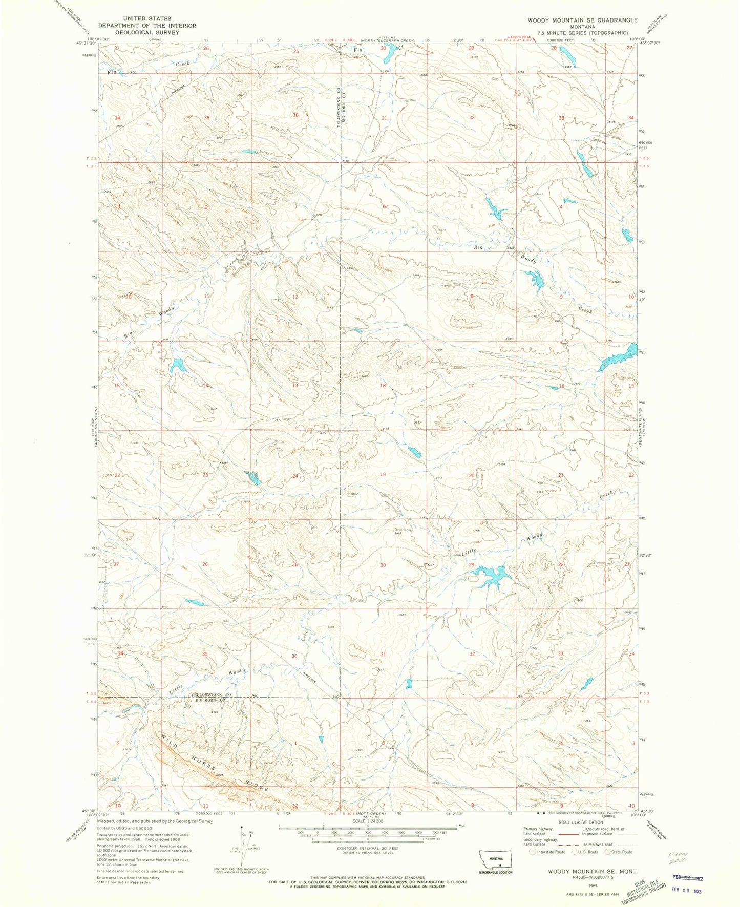 Classic USGS Woody Mountain SE Montana 7.5'x7.5' Topo Map Image