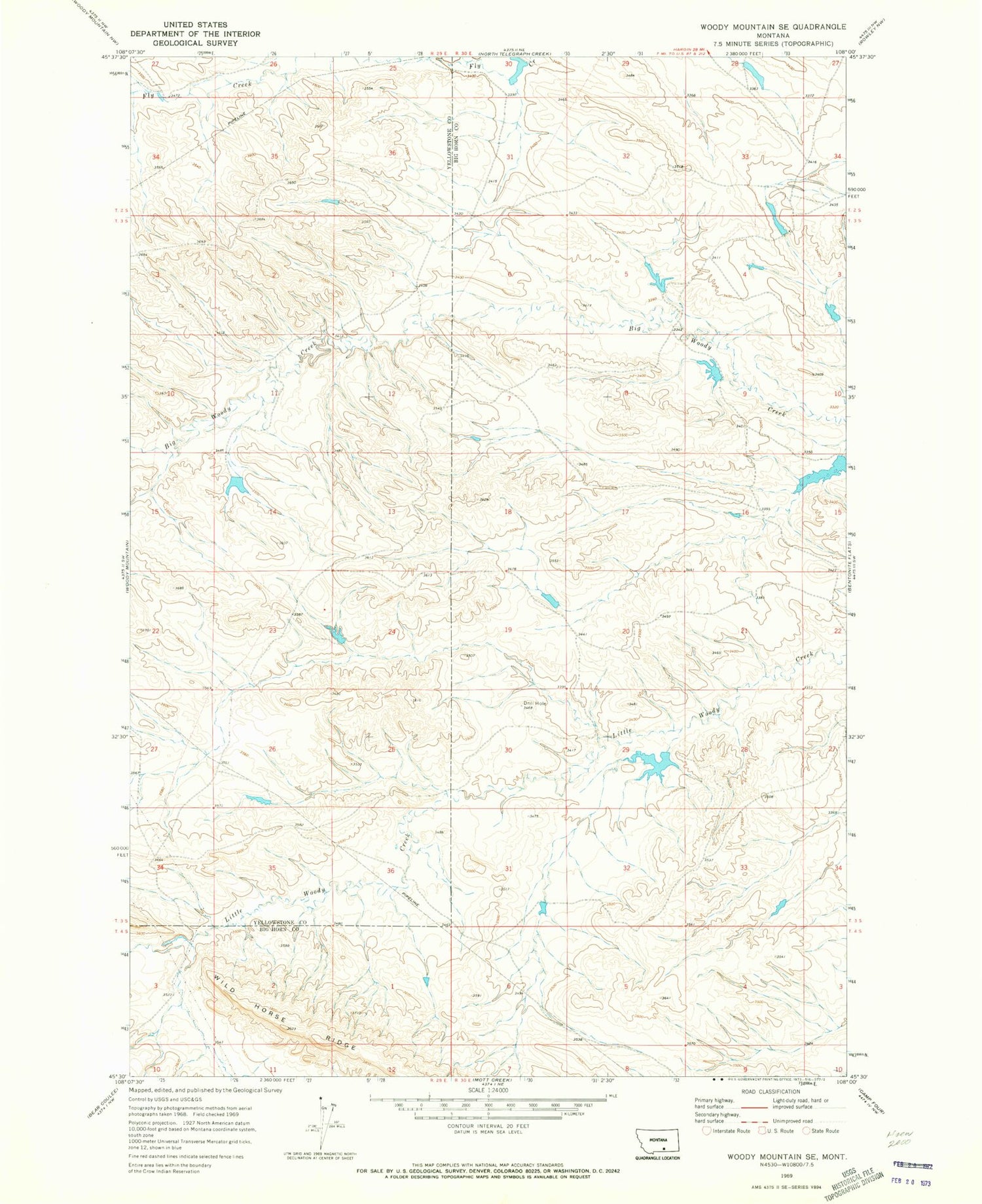 Classic USGS Woody Mountain SE Montana 7.5'x7.5' Topo Map Image