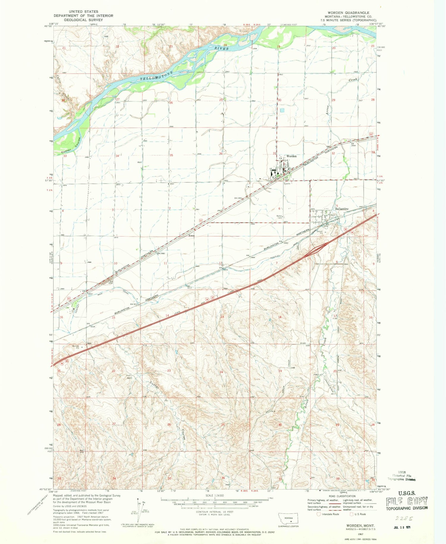 Classic USGS Worden Montana 7.5'x7.5' Topo Map Image