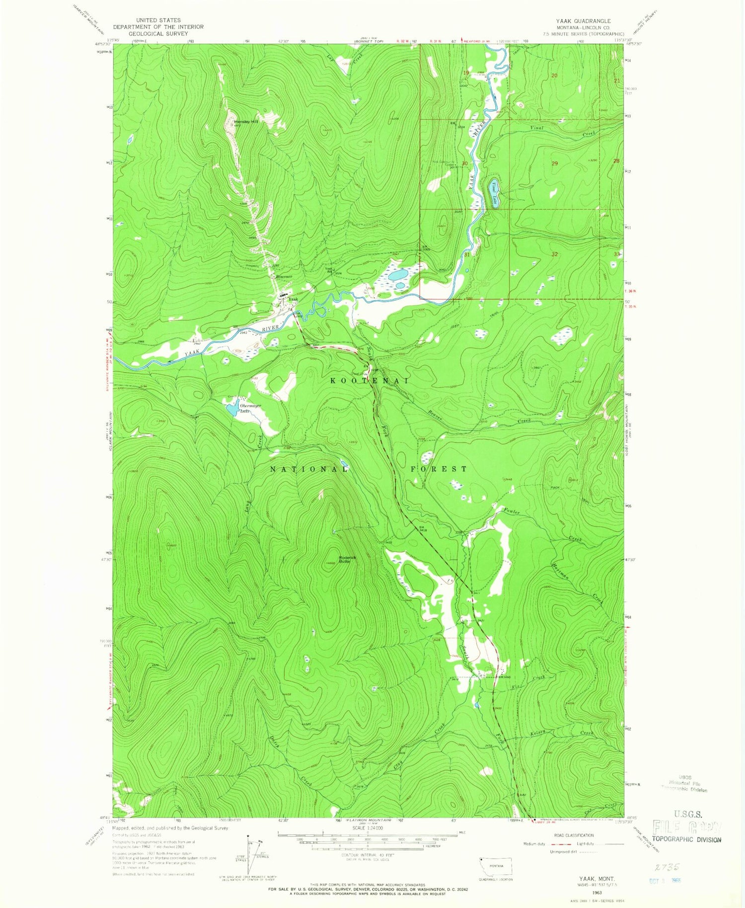Classic USGS Yaak Montana 7.5'x7.5' Topo Map Image