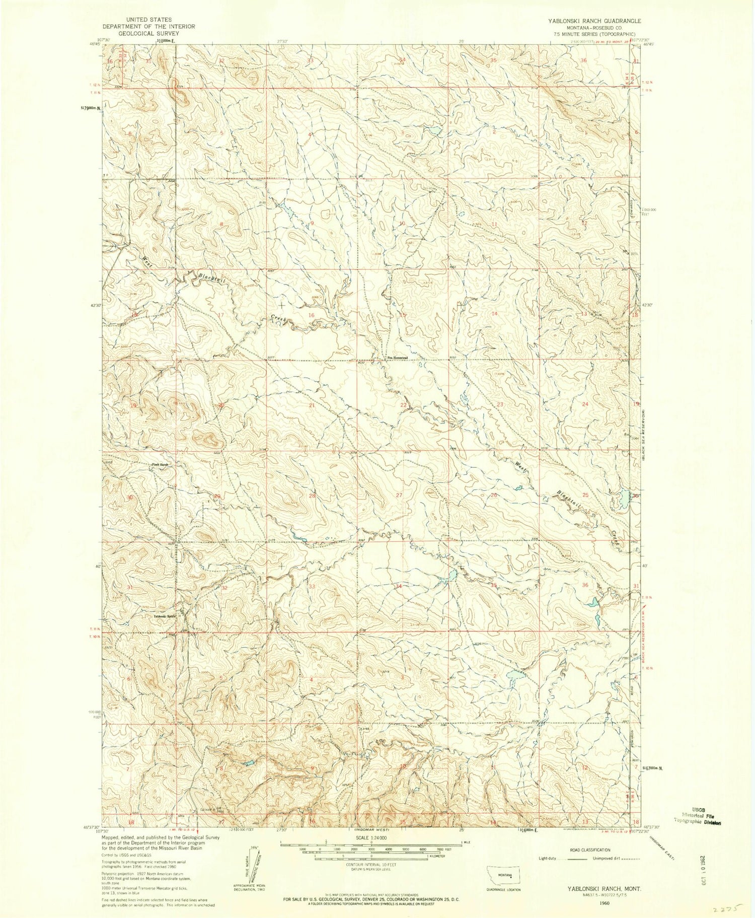Classic USGS Yablonski Ranch Montana 7.5'x7.5' Topo Map Image
