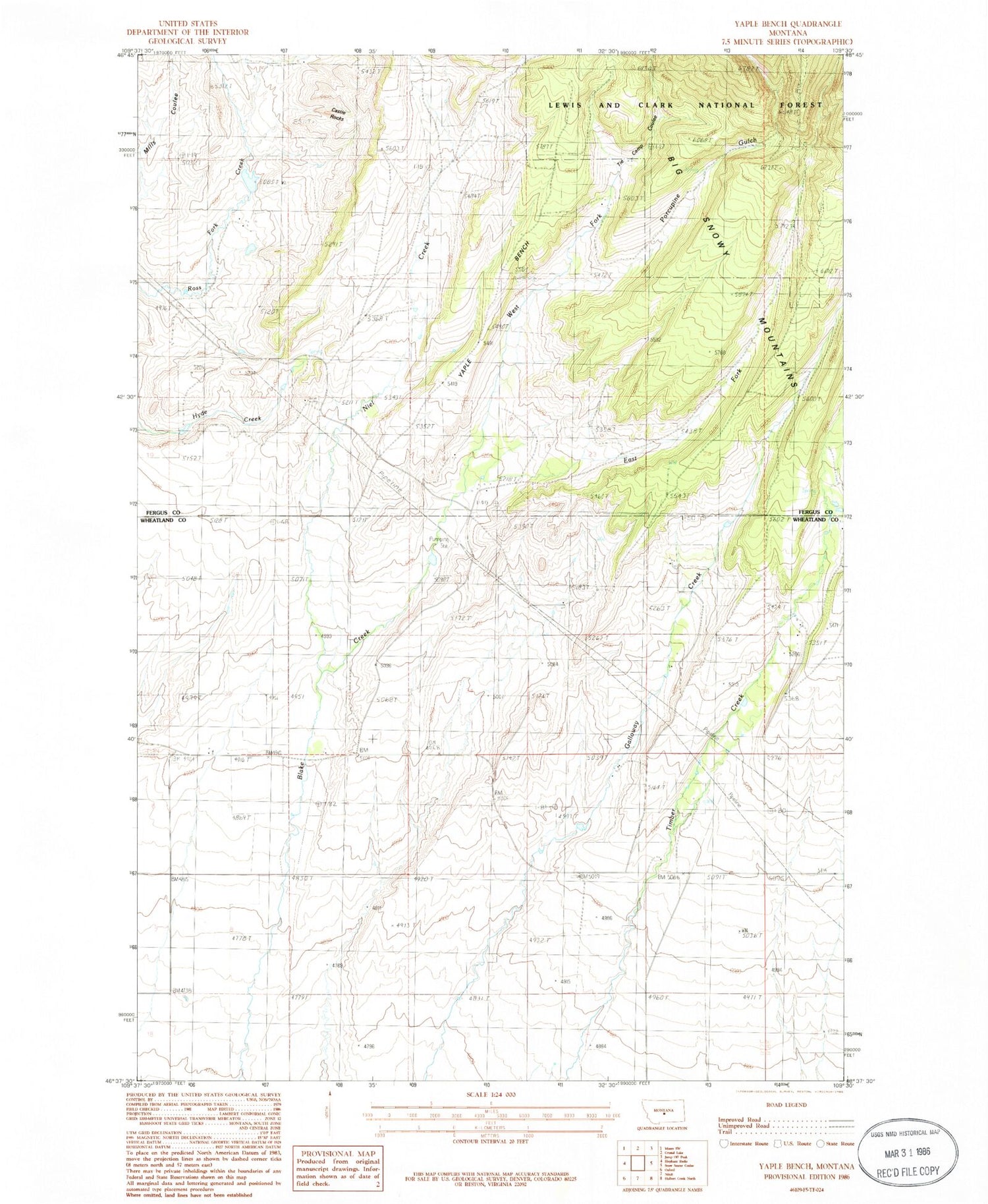 Classic USGS Yaple Bench Montana 7.5'x7.5' Topo Map Image
