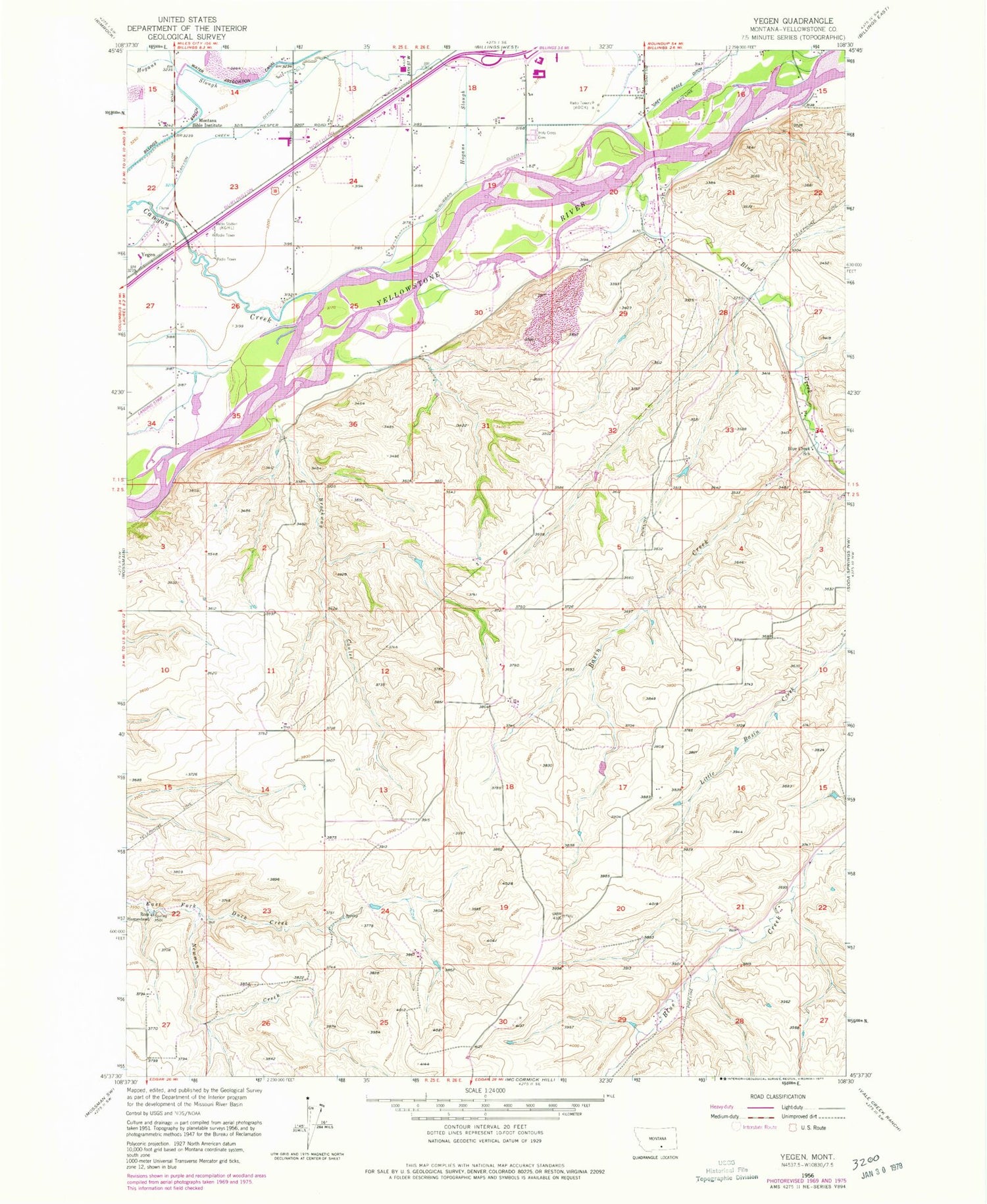 Classic USGS Yegen Montana 7.5'x7.5' Topo Map Image