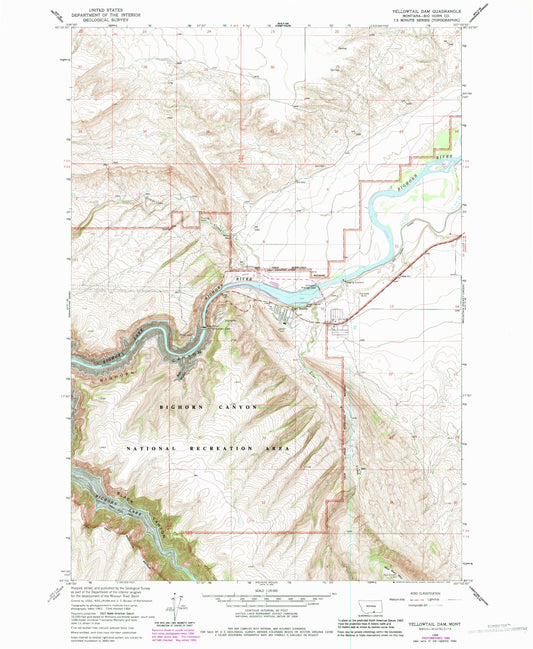 Classic USGS Yellowtail Dam Montana 7.5'x7.5' Topo Map Image