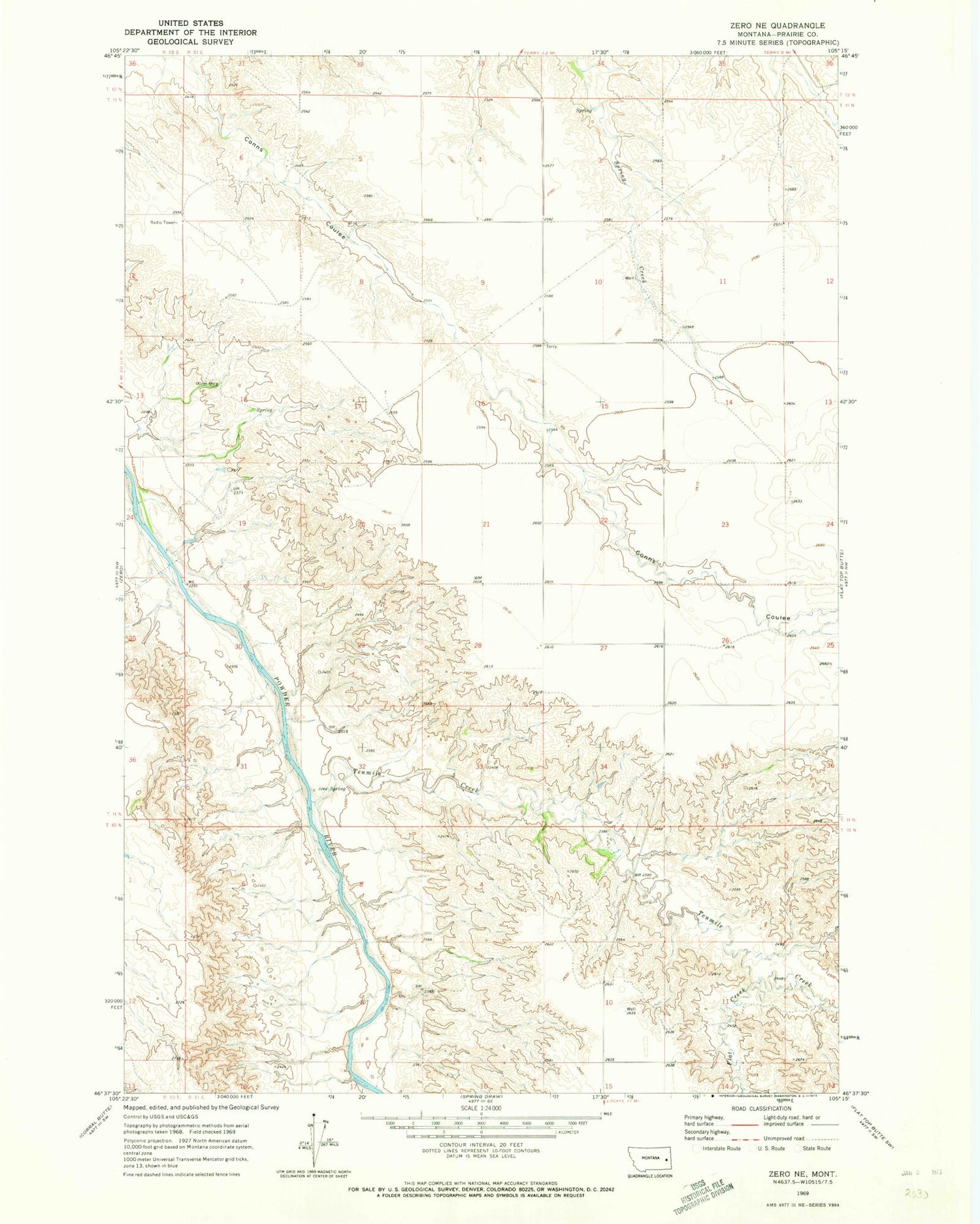 Classic USGS Zero NE Montana 7.5'x7.5' Topo Map Image
