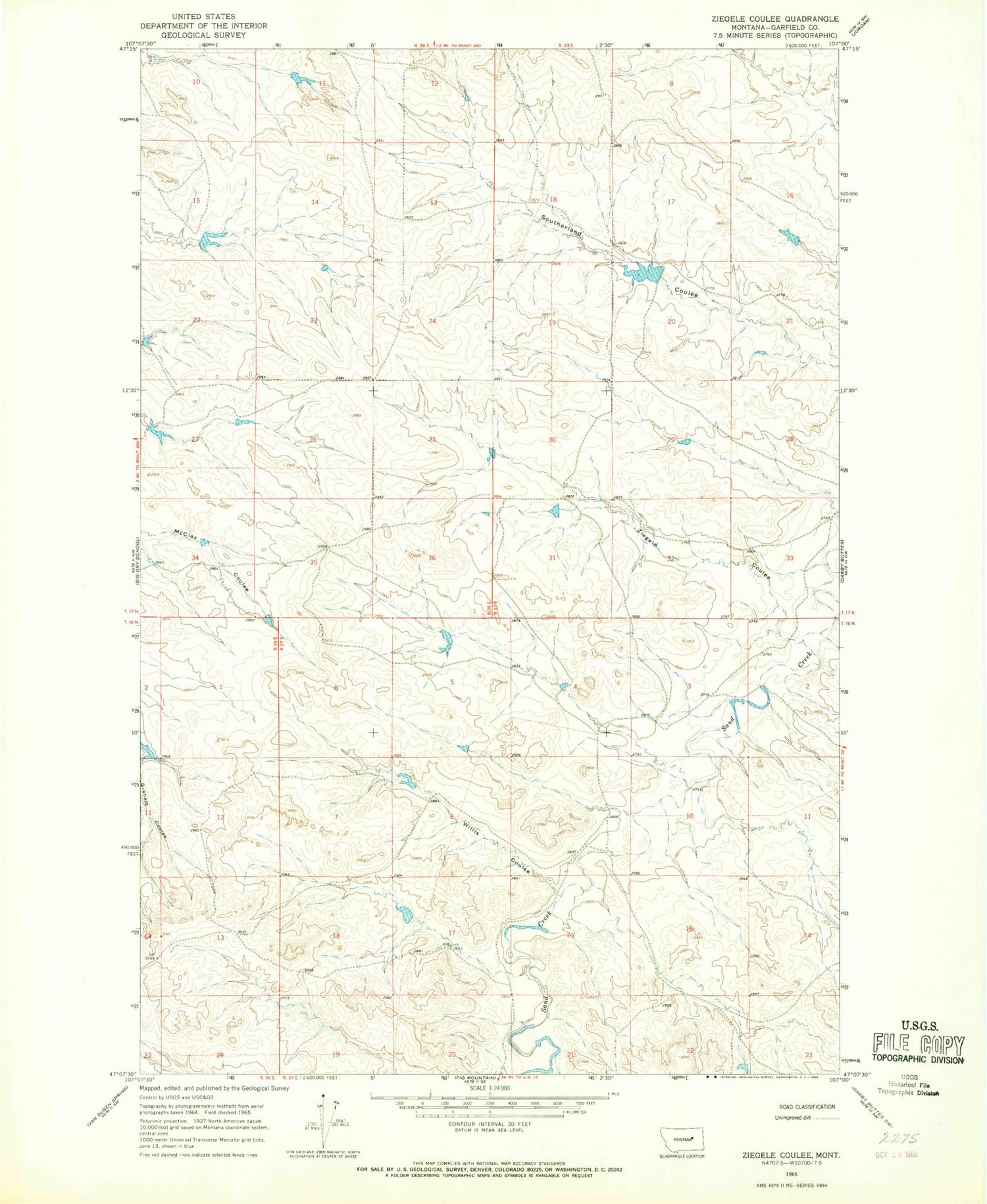Classic USGS Ziegele Coulee Montana 7.5'x7.5' Topo Map Image