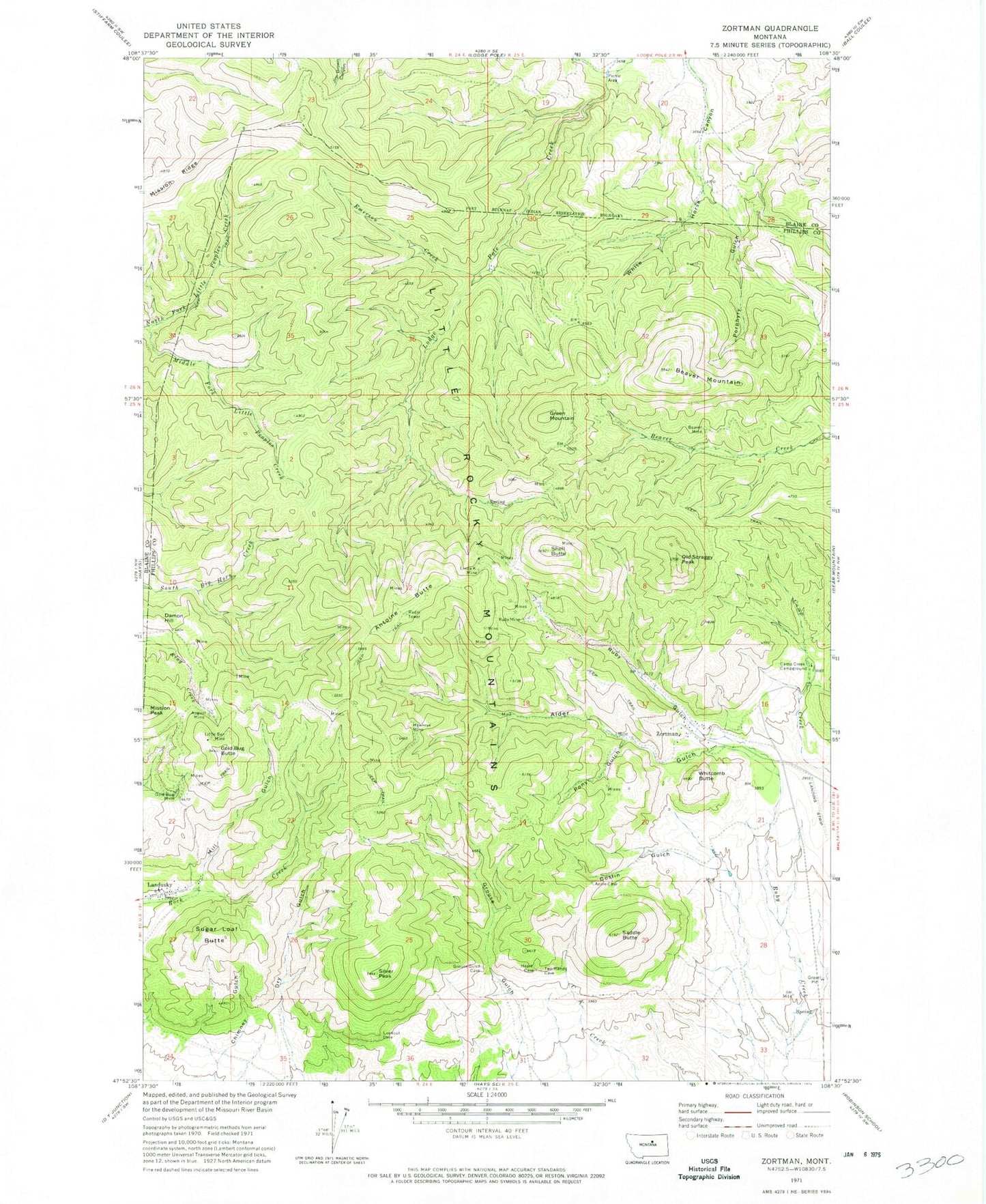 Classic USGS Zortman Montana 7.5'x7.5' Topo Map Image